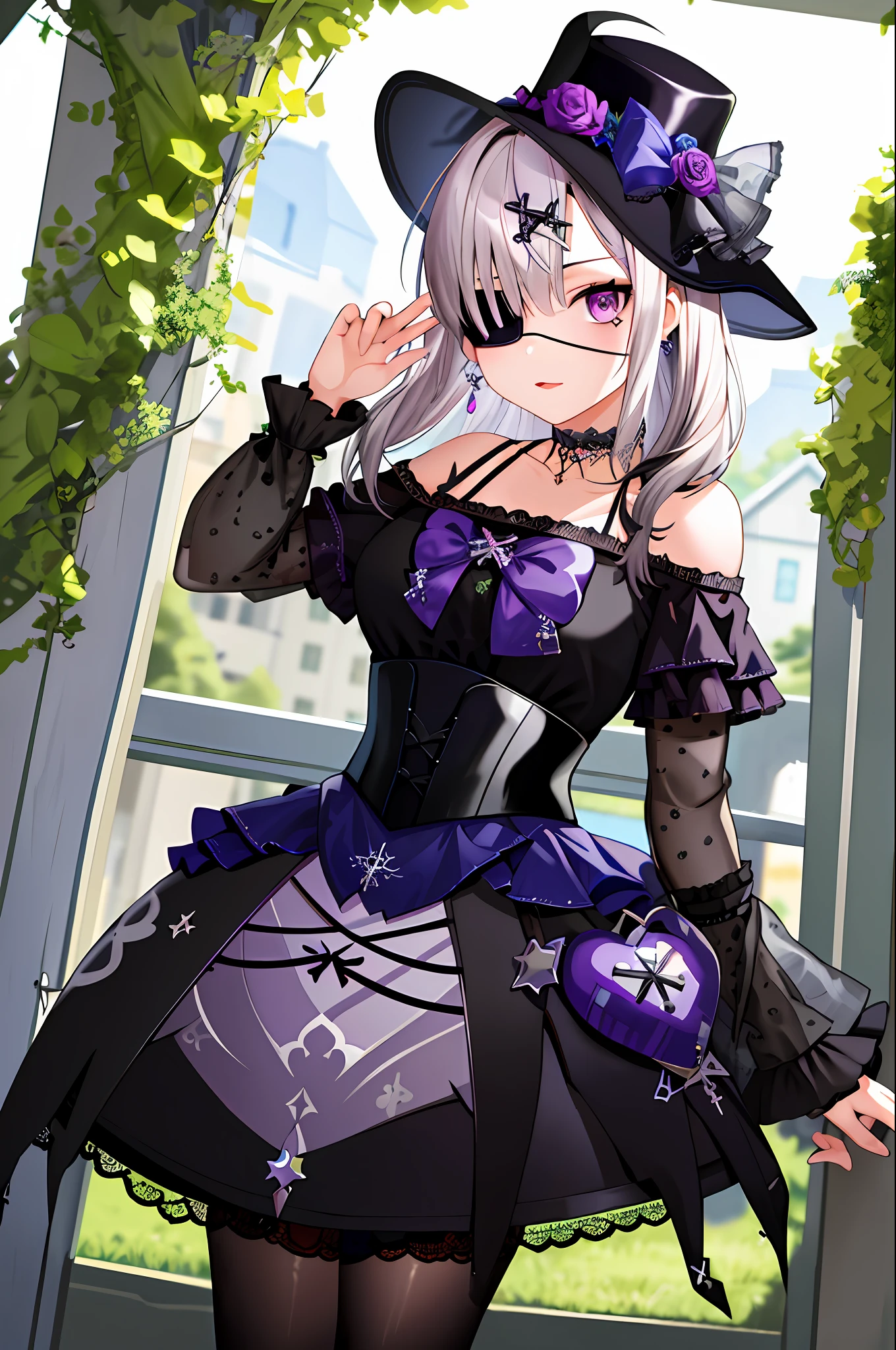 masterpiece, best quality, highres, sk3, eyepatch, purple eyes, gothic, mini hat, black dress, striped pantyhose, choker, off-shoulder dress, corset, blue bow, jewelry, cowboy shot, standing, outdoors