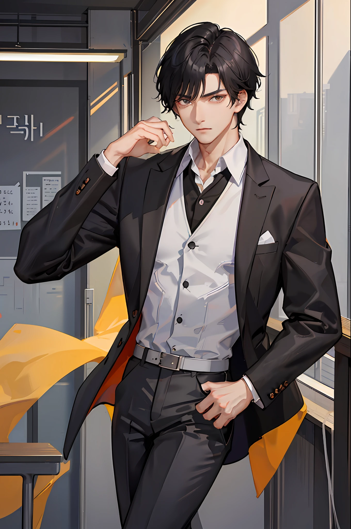 1boy, [detailed background (classroom, school, korean school, Seoul], black hair, jet black hair, short black hair, korean hairstyle, bowl hairstyle, lean and muscular male, alpha male, masculine male, tall male, teenager ((man wears an white korean school uniform, gray trousers)), correct limbs, correct anatomy, handsome, Eye details, beautiful eyes, delicate eyes, amber eyes, avoid different eyes, broad chest, broad shoulders, tiny waist, long legs, serious face