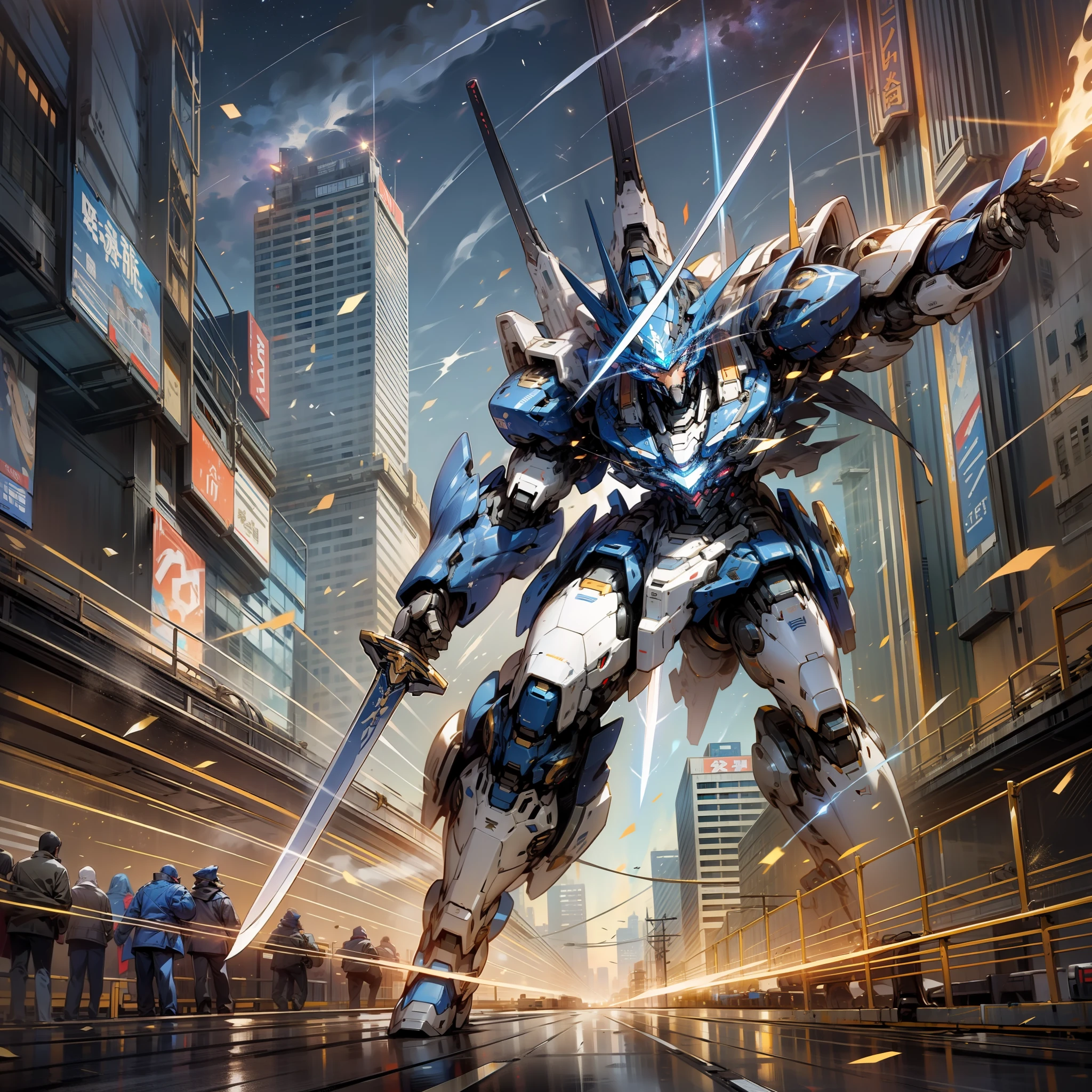 (Masterpiece), (Super Beautiful), Robot, Mecha, Blue Collar, Sword Swinging, Curve, Running Through the City, Burning City, Sense of Speed, Night, Starry Sky
