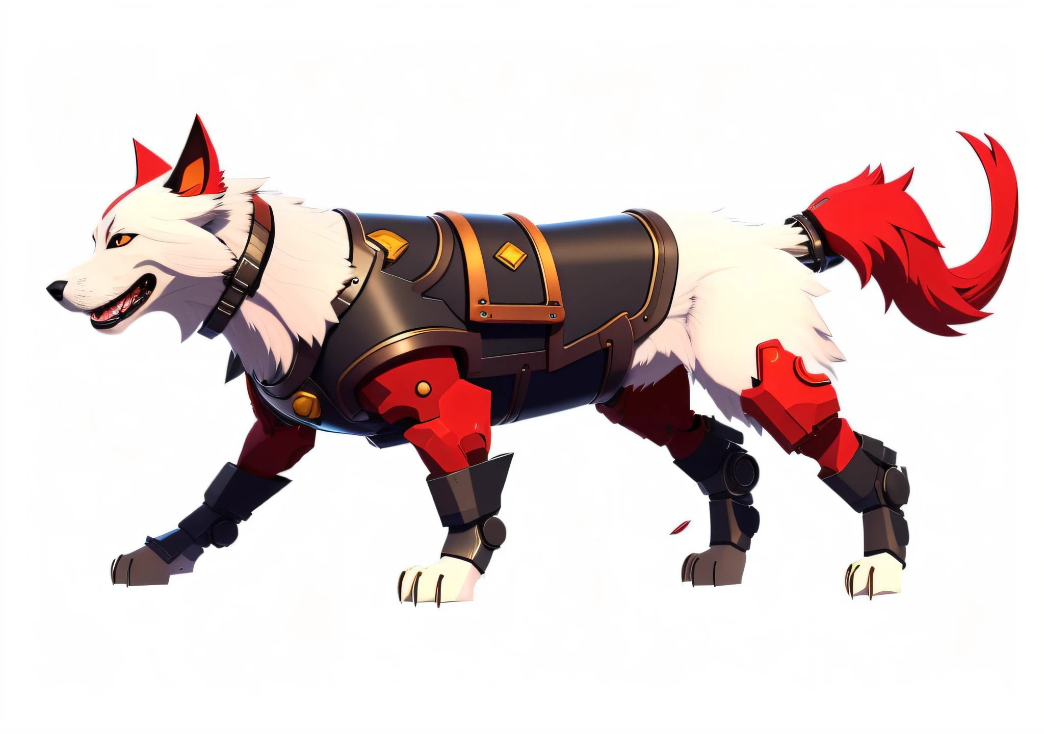 anime - style dog dressed in a leather outfit with a red collar, good boy giant mecha wolf hound, wolf armor, kitsune inspired armor, scales skin dog, mecha hound, style of duelyst, husky in shiny armor, anthropomorphic wolf male, medical mecha canine, dire wolf, stylised fox - like appearance, fur armor