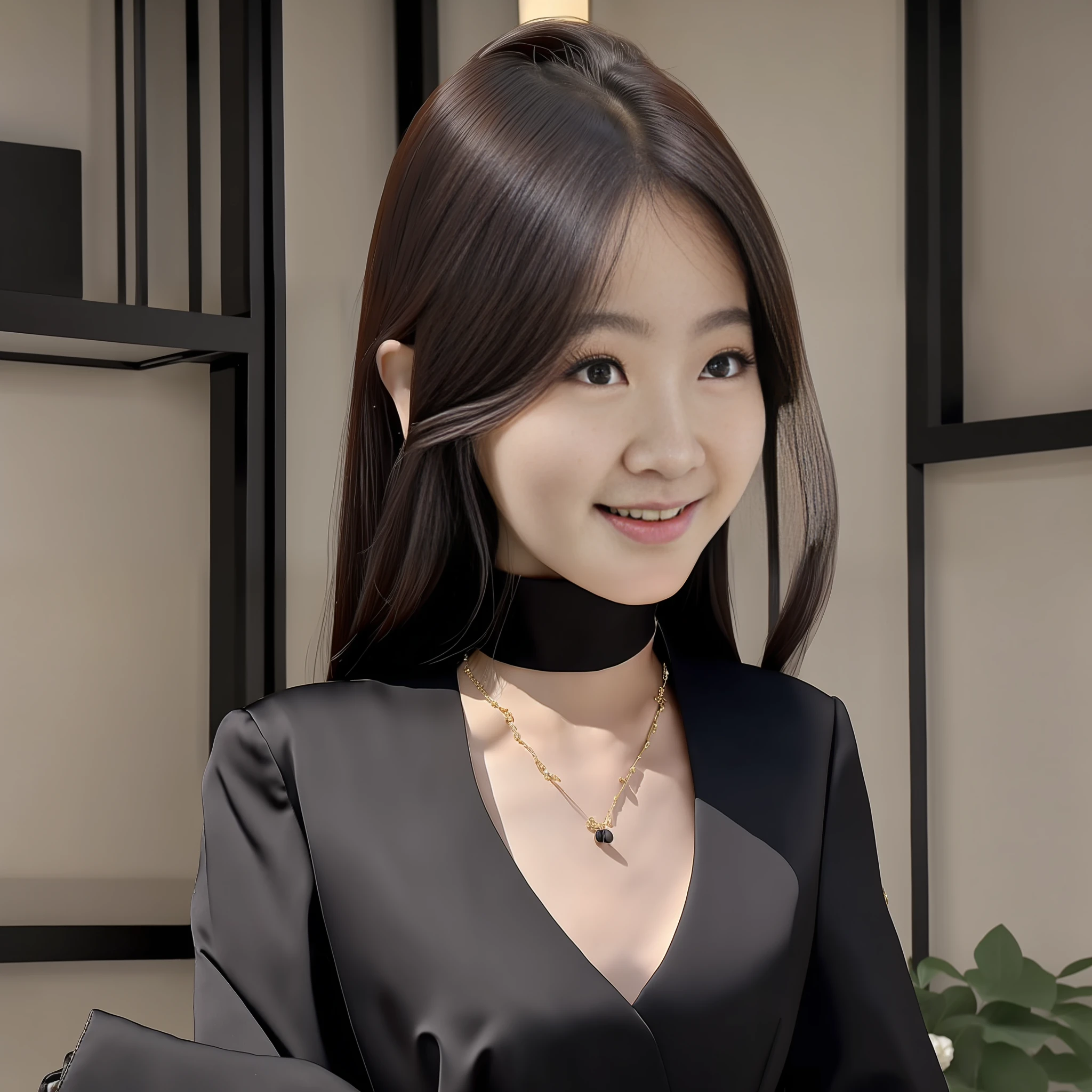 (Best Quality, 8k, 32k, Masterpiece, UHD: 1.2), Photo of a Beautiful Chinese Woman, (Detailed Face: 1.1), Simple Black Suit, Looking at the Viewer, Full Body Photo: 2, Necklace, Dress Shirt, Smile, Lower Body Long Skirt, Slim Figure, Long Long Legs, High Heels, Tall