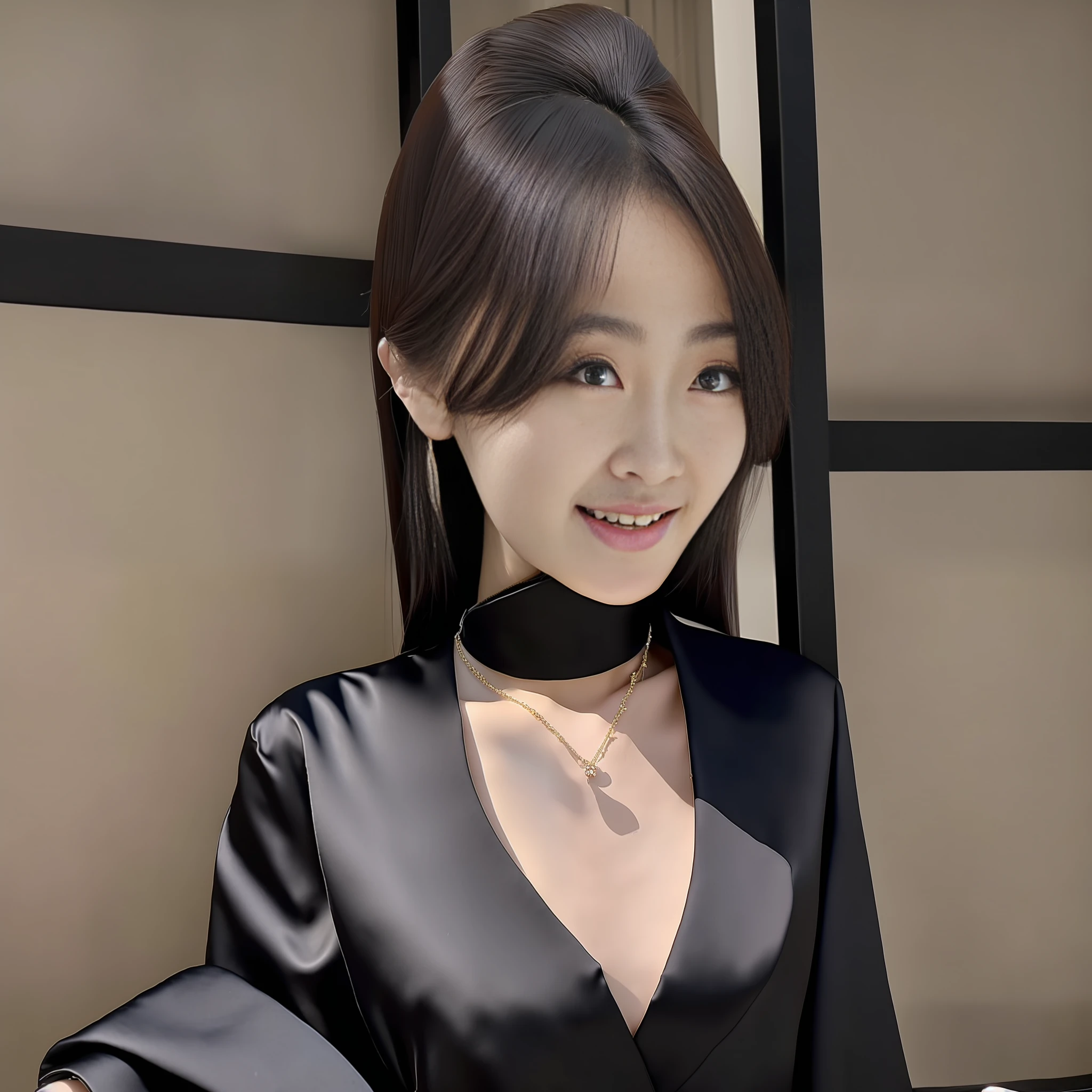 (Best Quality, 8k, 32k, Masterpiece, UHD: 1.2), Photo of a Beautiful Chinese Woman, (Detailed Face: 1.1), Simple Black Suit, Looking at the Viewer, Full Body Photo: 2, Necklace, Dress Shirt, Smile, Lower Body Long Skirt, Slim Figure, Long Long Legs, High Heels, Tall