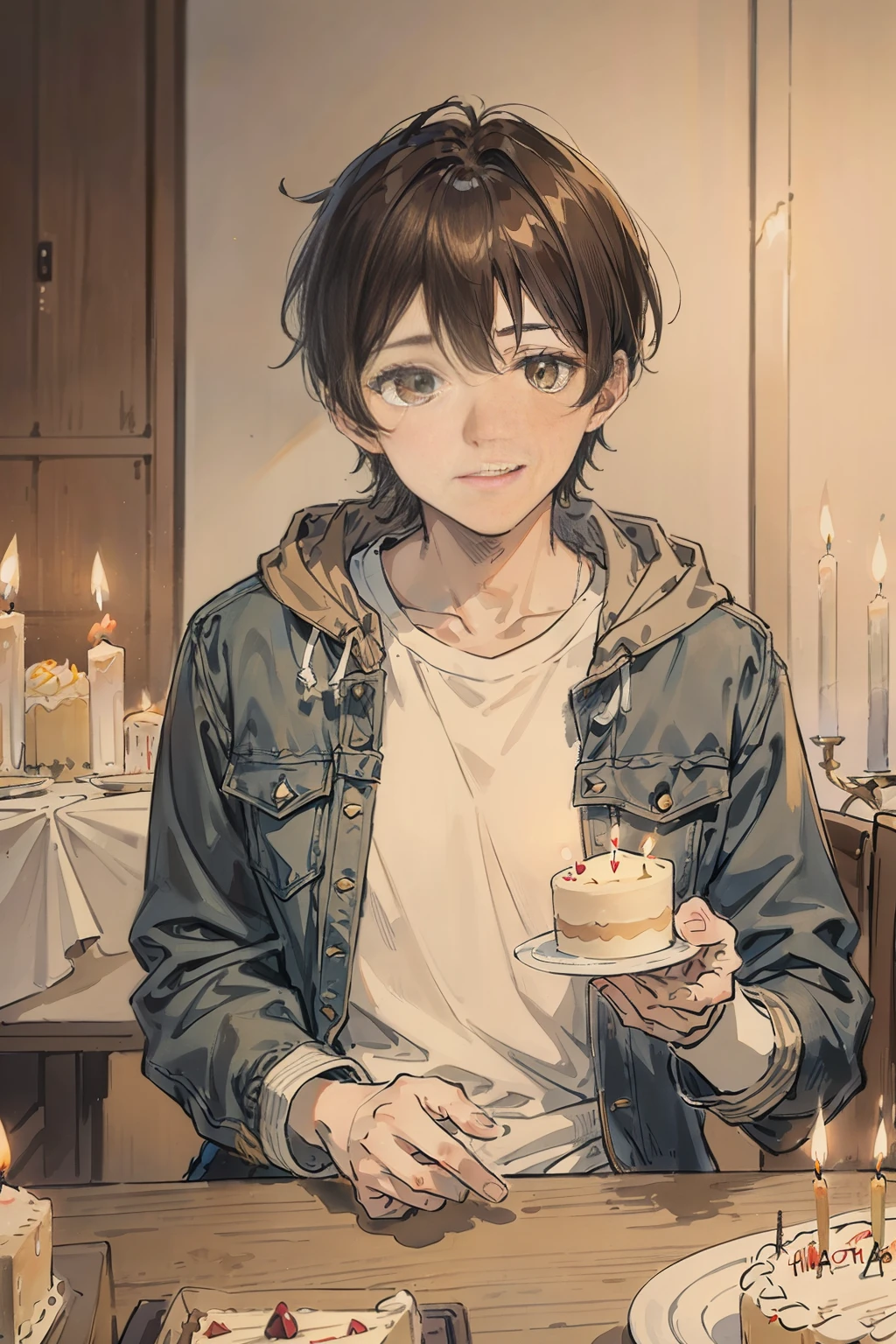 Picture of 20 years old boy , highlighted Brown hair, jean jacket , white hoodie,sitting in front of birthday cake , fake smile , esthetic, dark, masterpiece, candles