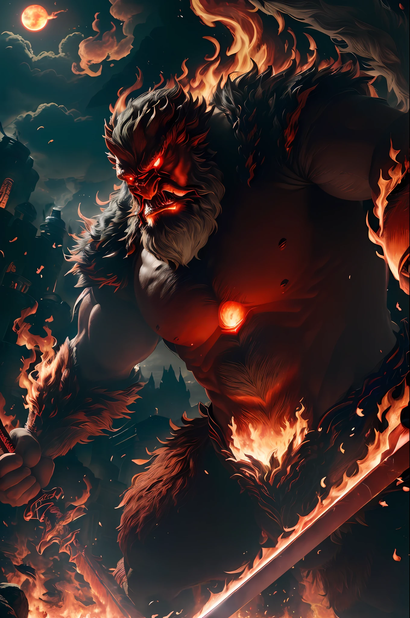 (8k, RAW photo, best quality, masterpiece:1.2), (realistic, photo-realistic:1.37), octane render, ultra high res, ultra-detailed ,professional lighting, photon mapping, radiosity, physically-based rendering, ue5, ((earth giant monster)), ((red glowing ember on giant's body)), ((red eyes)), ((holding flaming sword)), ((burning castle)), ((flaming wings))