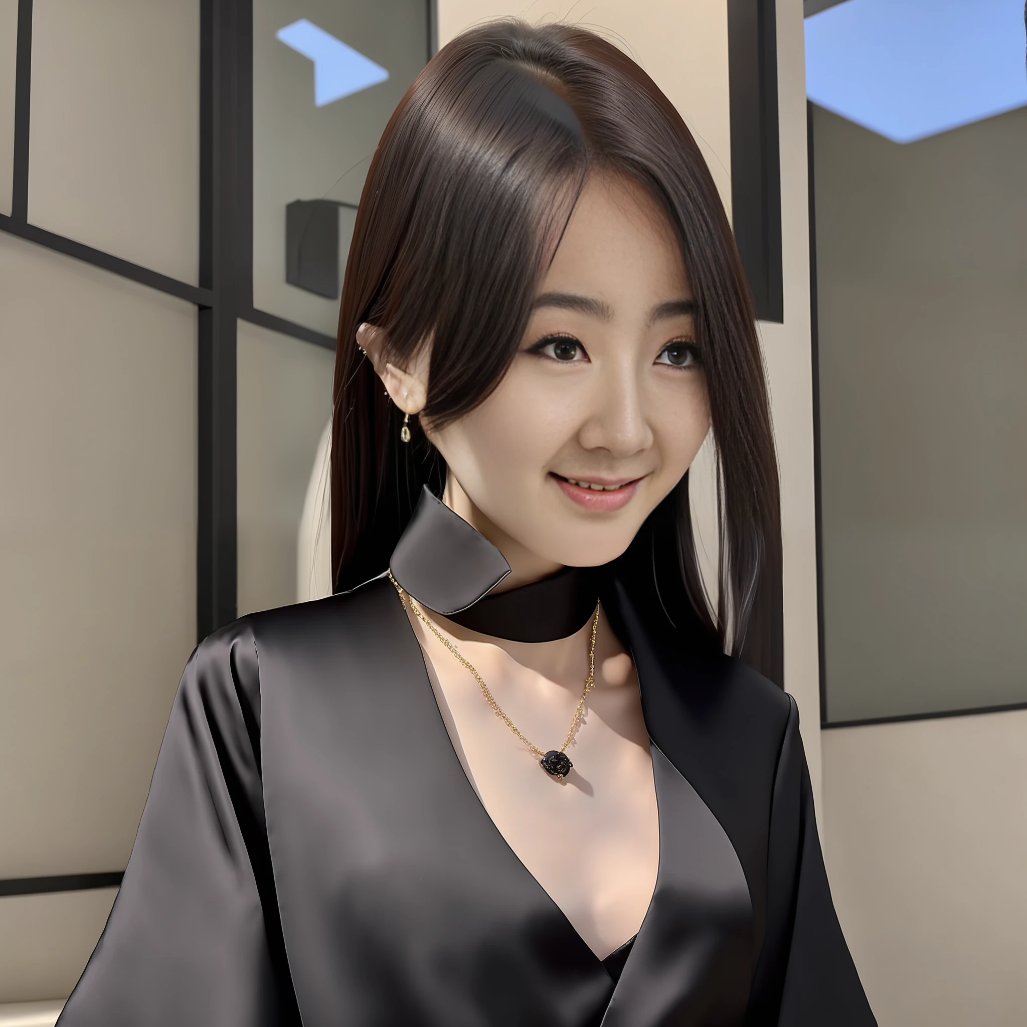 (Best Quality, 8k, 32k, Masterpiece, UHD: 1.2), Photo of a Beautiful Chinese Woman, (Detailed Face: 1.1), Simple Black Suit, Looking at the Viewer, Full Body Photo: 2, Necklace, Dress Shirt, Smile, Lower Body Long Skirt, Slim Figure, Long Long Legs, High Heels, Tall