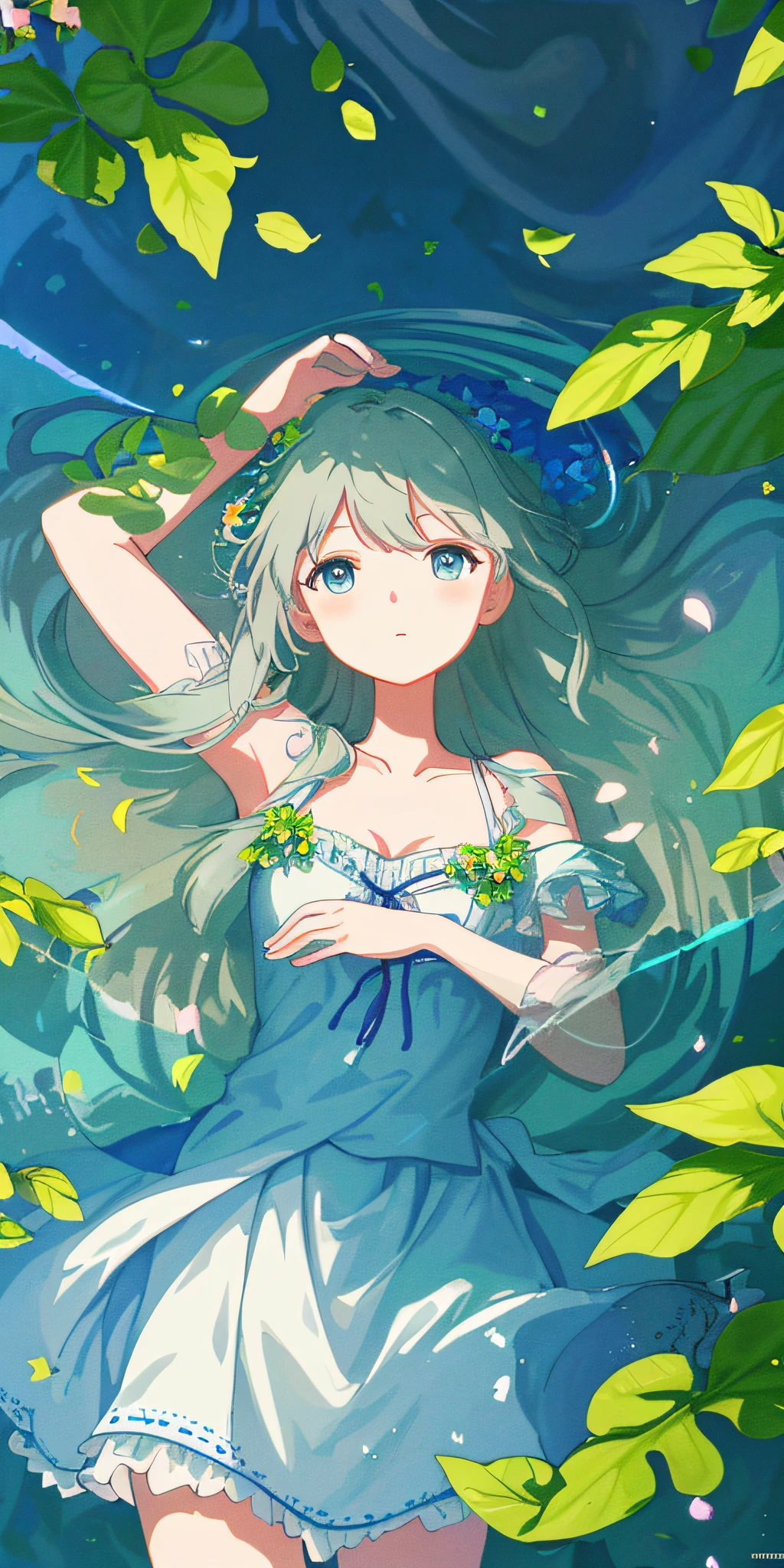 Masterpiece, best quality, (very detailed CG unity 8k wallpaper) (best quality), (best illustration), (best shadows) Nature', blue sea,delicate leaves petals of various colors falling in the air light Tracking, super detailed --v6