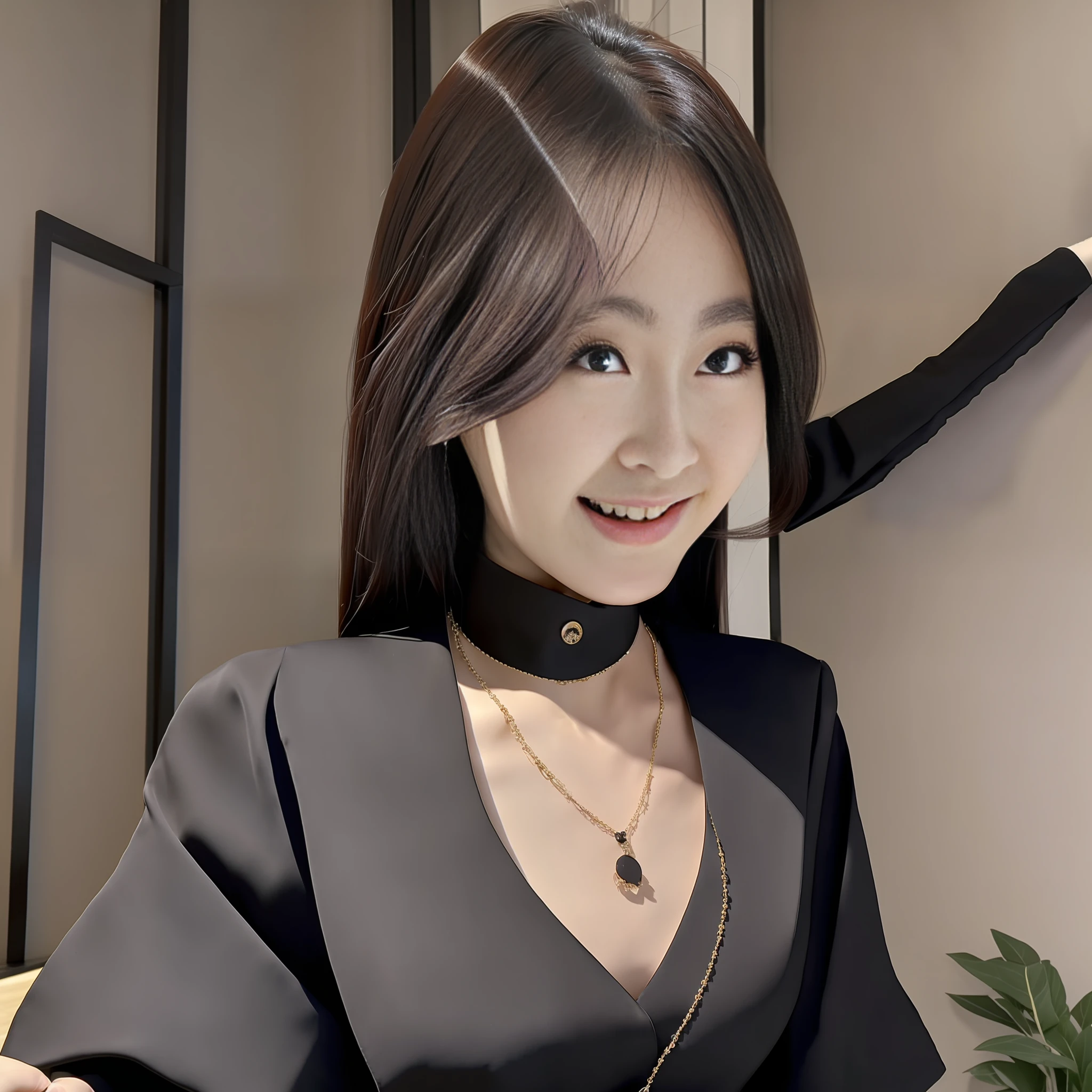 (Best Quality, 8k, 32k, Masterpiece, UHD: 1.2), Photo of a Beautiful Chinese Woman, (Detailed Face: 1.1), Simple Black Suit, Looking at the Viewer, Full Body Photo: 2, Necklace, Dress Shirt, Smile, Lower Body Long Skirt, Slim Figure, Long Long Legs, High Heels, Tall