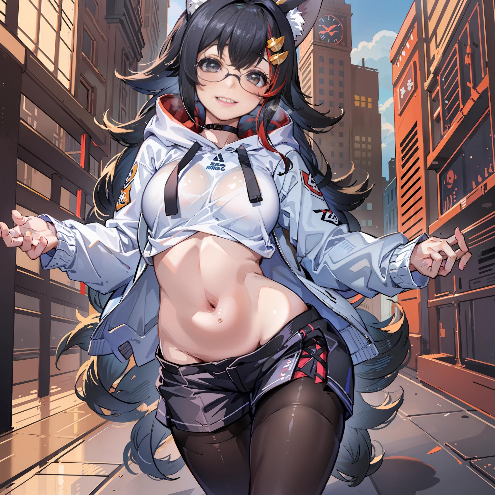 girl, big, masterpiece, best quality, pantyhose, naked hoodie, smile, cyber, one-man city