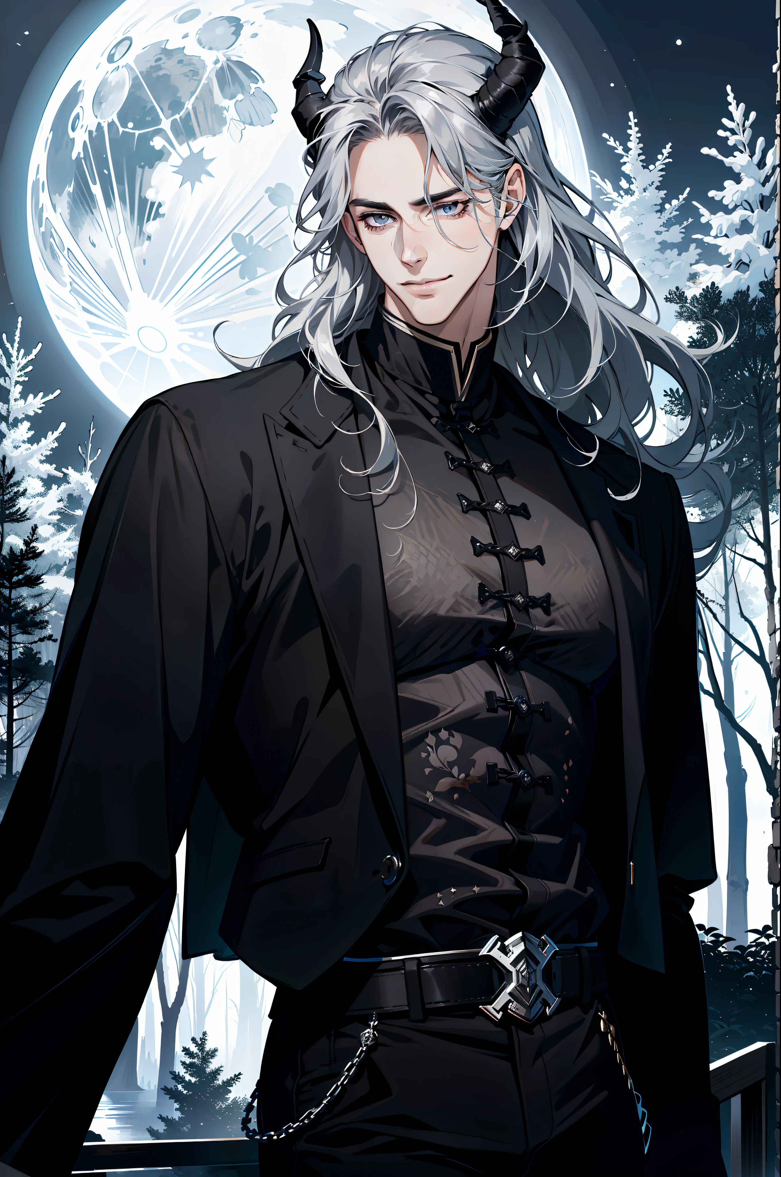 (absurdres, highres, ultra detailed), 1 male, adult, handsome, tall muscular guy, broad shoulders, finely detailed eyes and detailed face, black clothes, night, smile, dutch angle, from side, wavy silver hair, moon, forest, black horns in his head