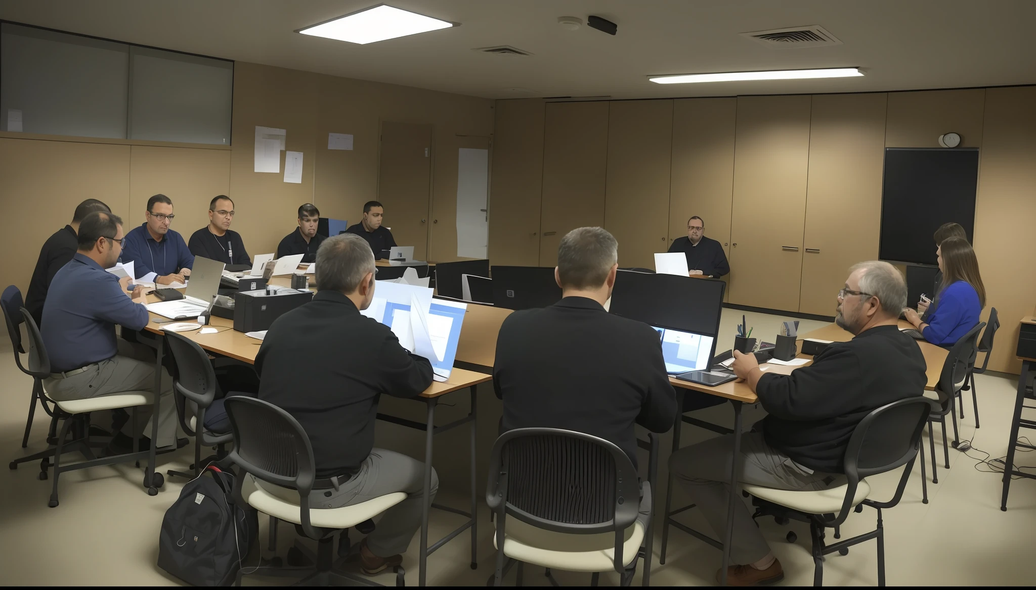 several men sitting at desks in a room with laptops, wide image, full - view, hight detalied, academia, background focus, deep image, sus, the photo shows a large, image, vtm, foto, portlet photo, center, by Manuel Rendón Seminario, link, wide - shot, wide-shot, mesa, full res