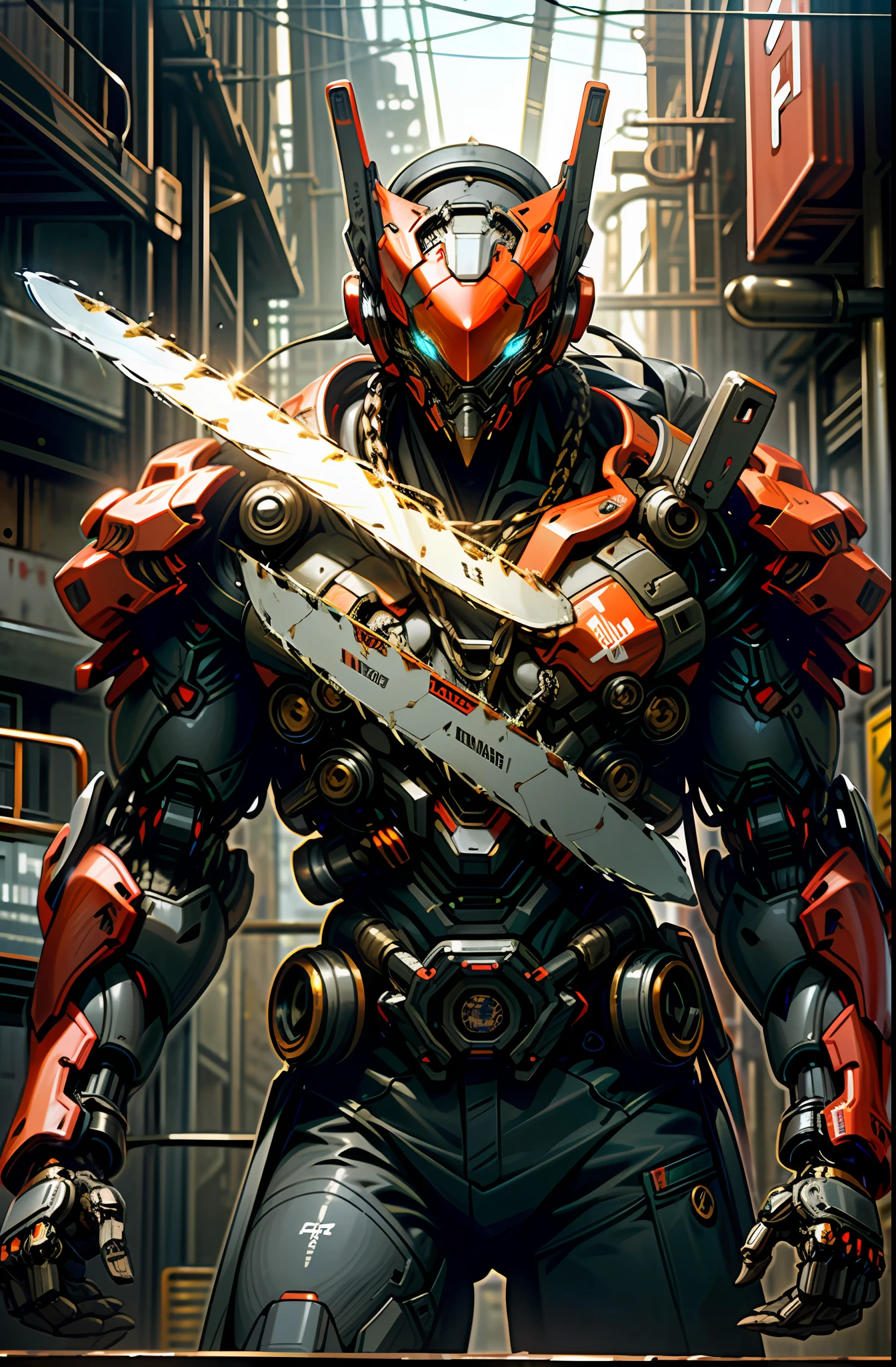 Dark_Fantasy,Cyberpunk,(chain saw,chain saw man,Red:1.1),1man,Mechanical marvel,Robotic presence,Cybernetic guardian, wearing a worn-out mech suit, intricate, (steel metal [rusty]), elegant, clear focus, shot by greg rutkowski, soft lighting, vibrant colors, masterpiece, ((street)), cowboy shot, dynamic pose,