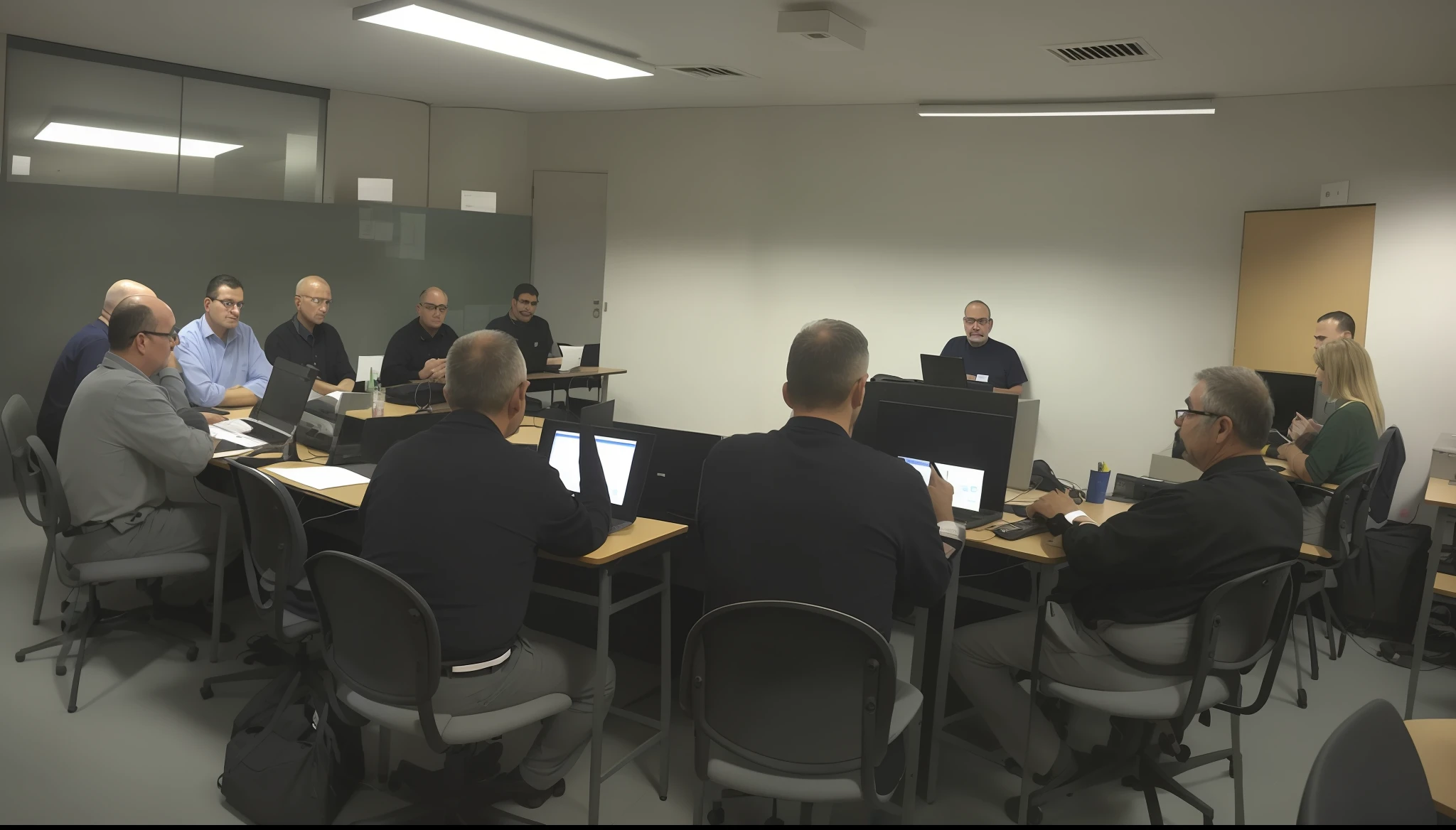 several men sitting at desks in a room with laptops, wide image, full - view, hight detalied, academia, background focus, deep image, sus, the photo shows a large, image, vtm, foto, portlet photo, center, by Manuel Rendón Seminario, link, wide - shot, wide-shot, mesa, full res