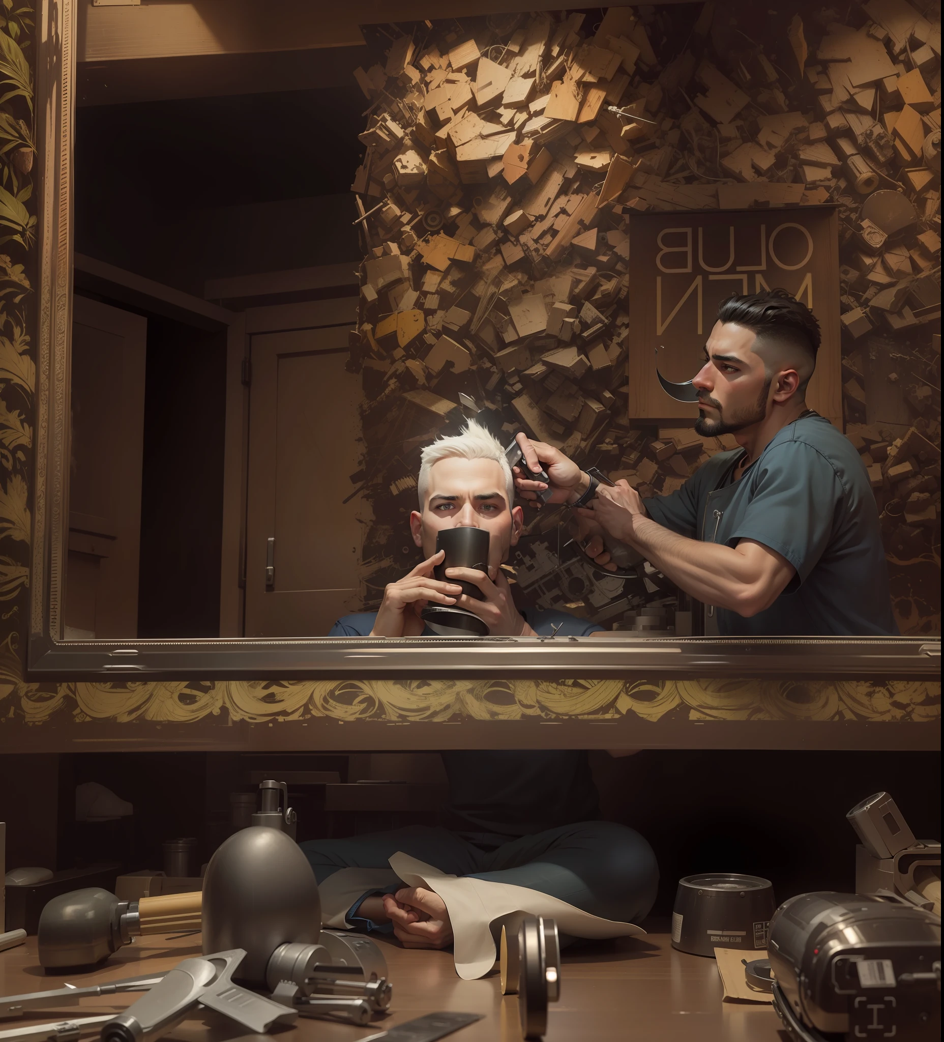 Modify photo of man cutting hair with a much larger machine, cartoon art.