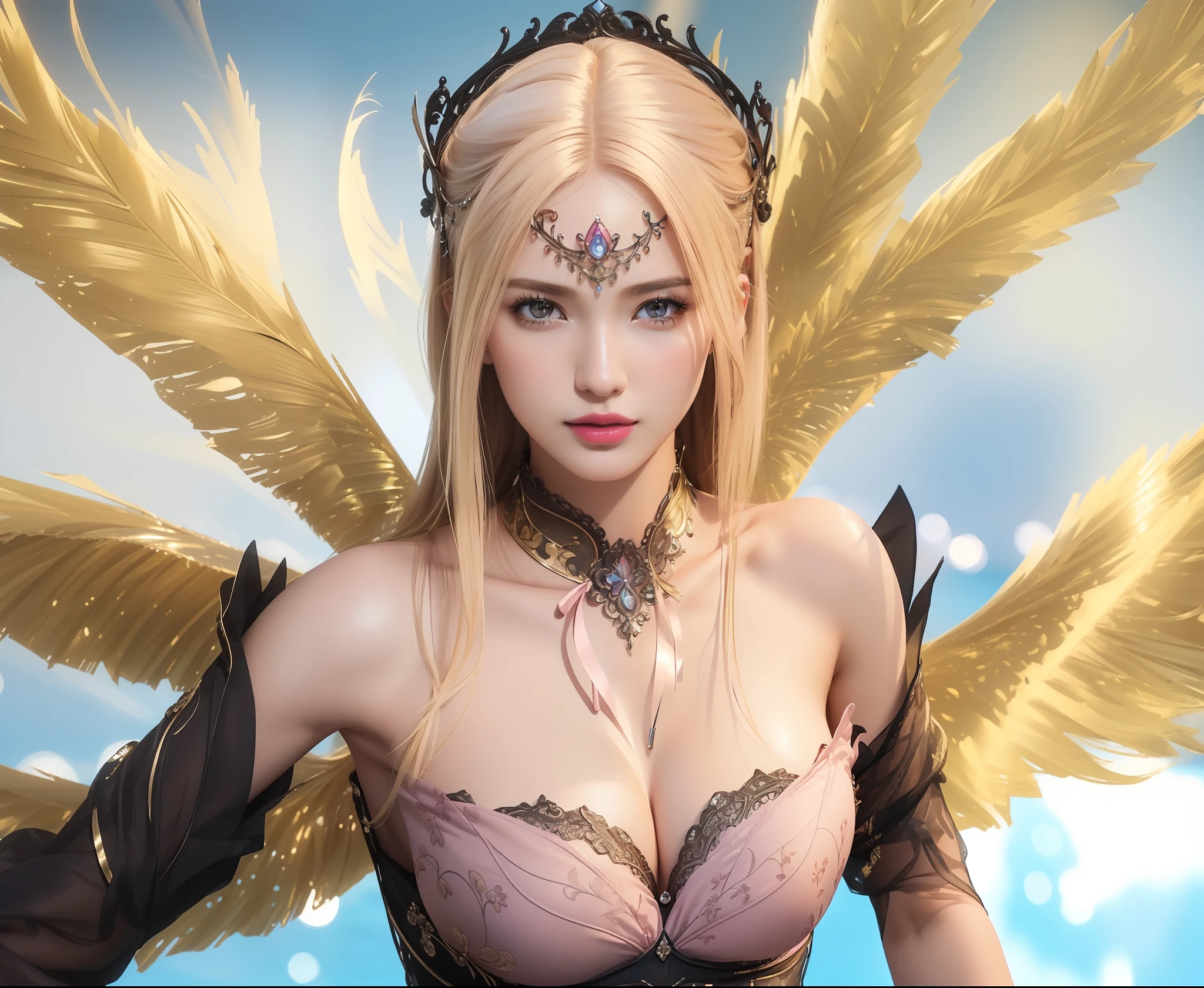 (masterpiece, best quality, extremely detailed 8k, ultra hd, ultra-detailed, highly detailed, highly realistic, ultra-realistic, photo realistic), (1girl:1.5), (detailed realistic skin), (realistic big breasts), (pink lipstick), slender abs,