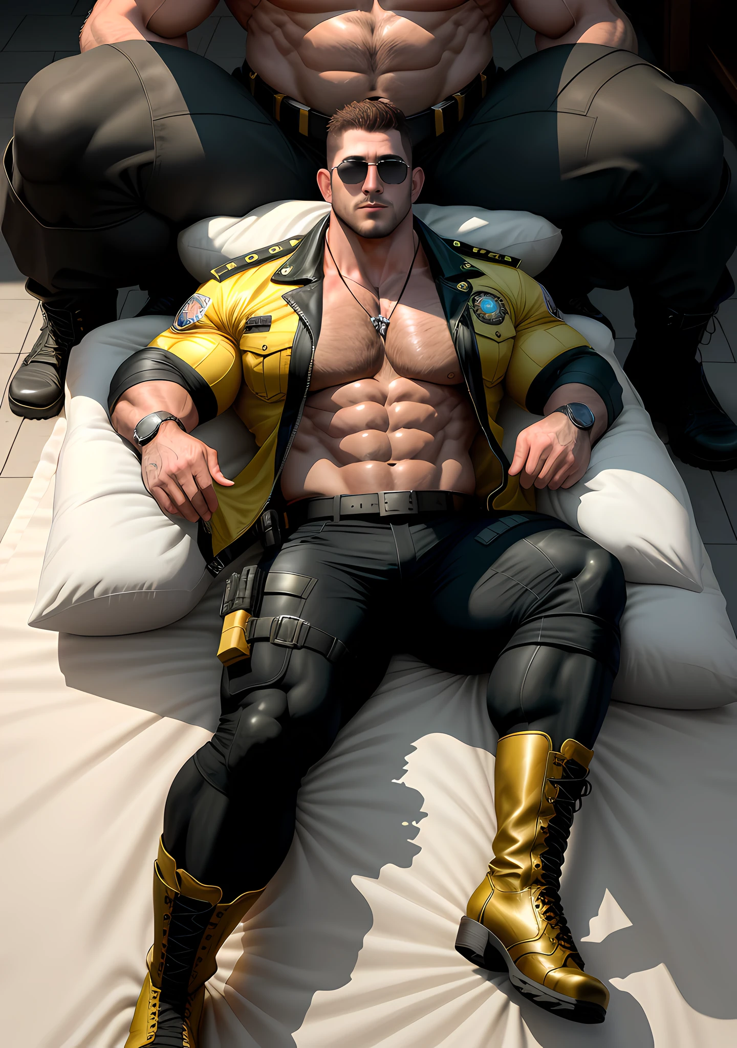 Muscular security guard in dark yellow, his arms are long and thick, wearing sunglasses, lying on a large white and soft bed with warm fluff, the bosom of a muscle giant in the background, a muscle hero, Buzz Cut, tall and burly, muscular! Tall burly, sneak suit, symmetrical floral texture design thick thermal tights, super buff and cool, high resolution committee, character design (Resident Evil - Chris Redfield), rough big feet, black military boots, attractive strong men, warm and soft lights shining on the body