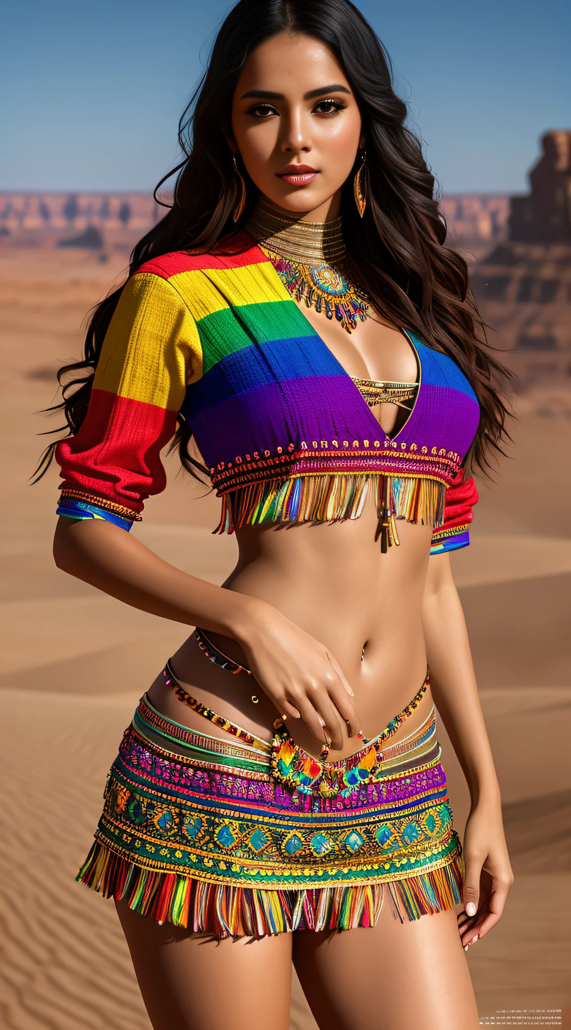 create Mariana Davalos in Full body photography of the most beautiful artwork in the world, a beautiful woman in intricate costume burning in the desert, rainbow colors, ArtStation, CGSociety, complex, high detail, clear focus, dramatic, realistic pictorial art trends Greg Rutkovsky