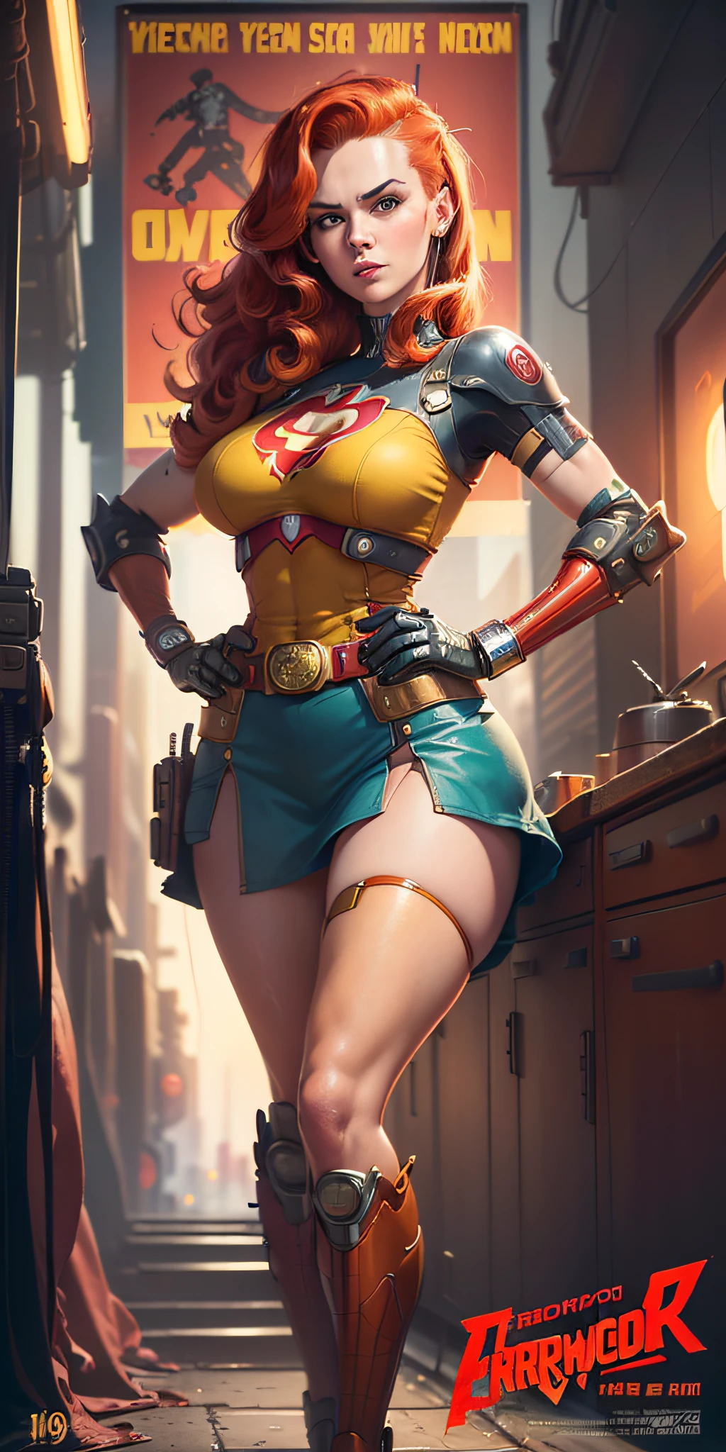 American World War II poster, Gil Elvgren style ((USA Poster, American Poster)) (((A young woman with straight red hair long size up to her waist in superhero pose))) ((detailed outfit entirely red with gold)) (cars in the background of the image) (((robotic left arm)) (((cyberpunk arm))propaganda Poster, hero uniform, 1 girl, solo, good body, poster design, poster art style. 1980s, 1950s, 1960s, 1940s, basic color scheme, very colorful poster, colorful art, third rule, inspiring, woman, 1 25-year-old girl, hair blowing in the wind, looking at the viewer, blurred background, thick legs, green eyes