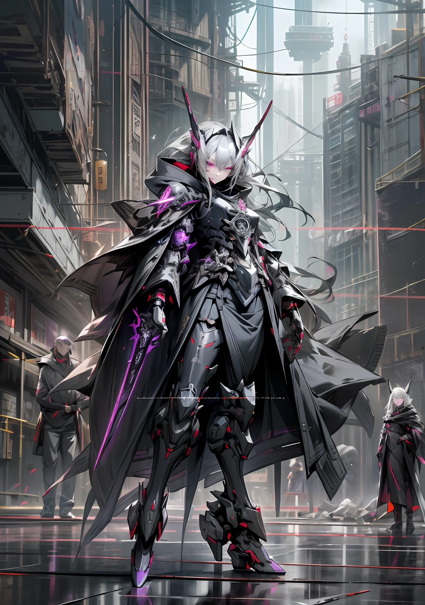 Dark_Fantasy, cyberpunk, (black purple: 1.1), 1 person, mechanical marvel, robot existence, cybernetics guardian, full body, armored dress, gray hair, long hair, mask, chinoiserie, shawl, ((black coat)), glowing eyes, purple eyes, expressionless, mecha long skirt, holding a weapon,