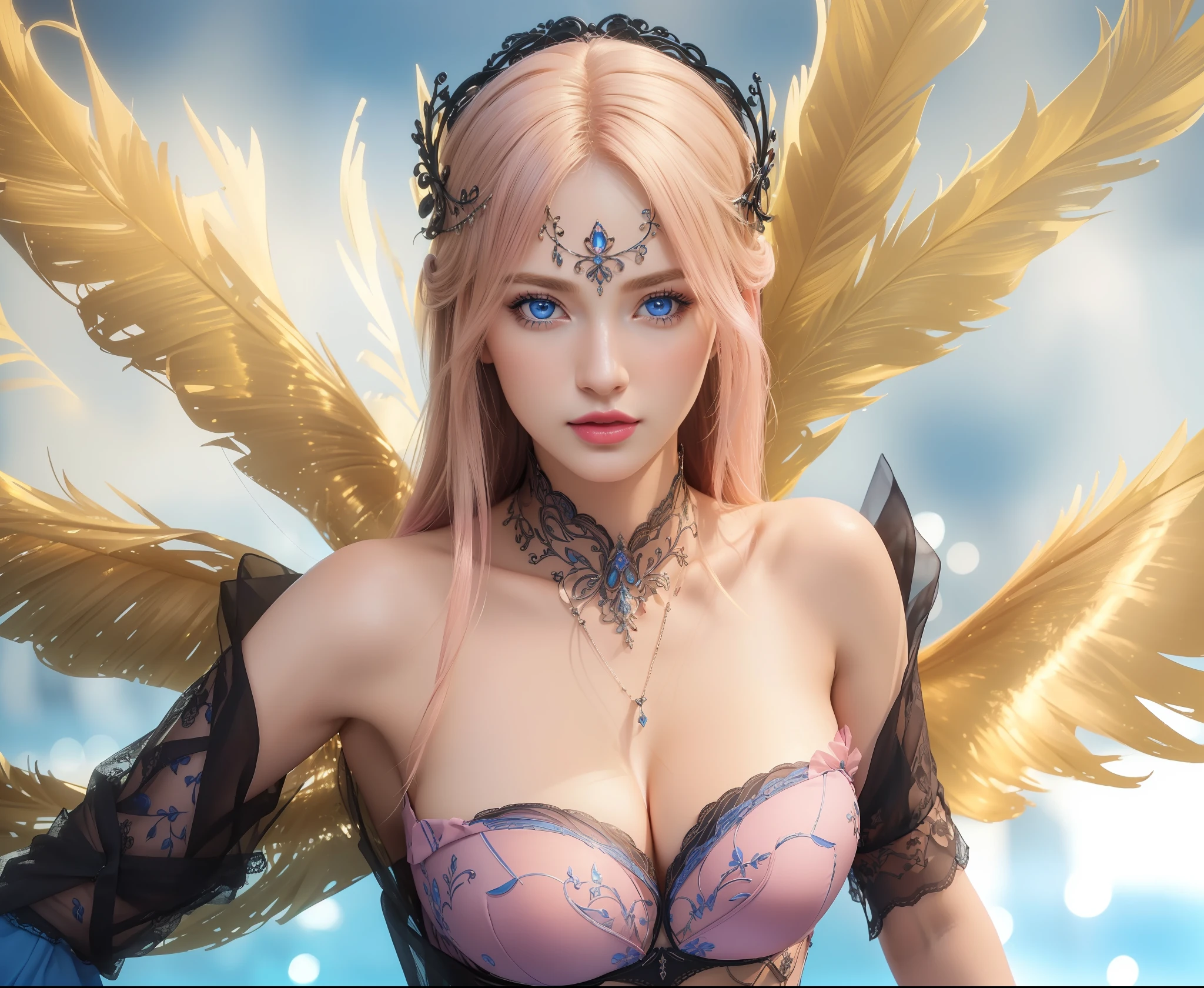 (masterpiece, best quality, extremely detailed 8k, ultra hd, ultra-detailed, highly detailed, highly realistic, ultra-realistic, photo realistic), (1girl:1.5), (detailed realistic skin), (realistic big breasts), (pink lipstick), (realistic blue eyes), slender abs,