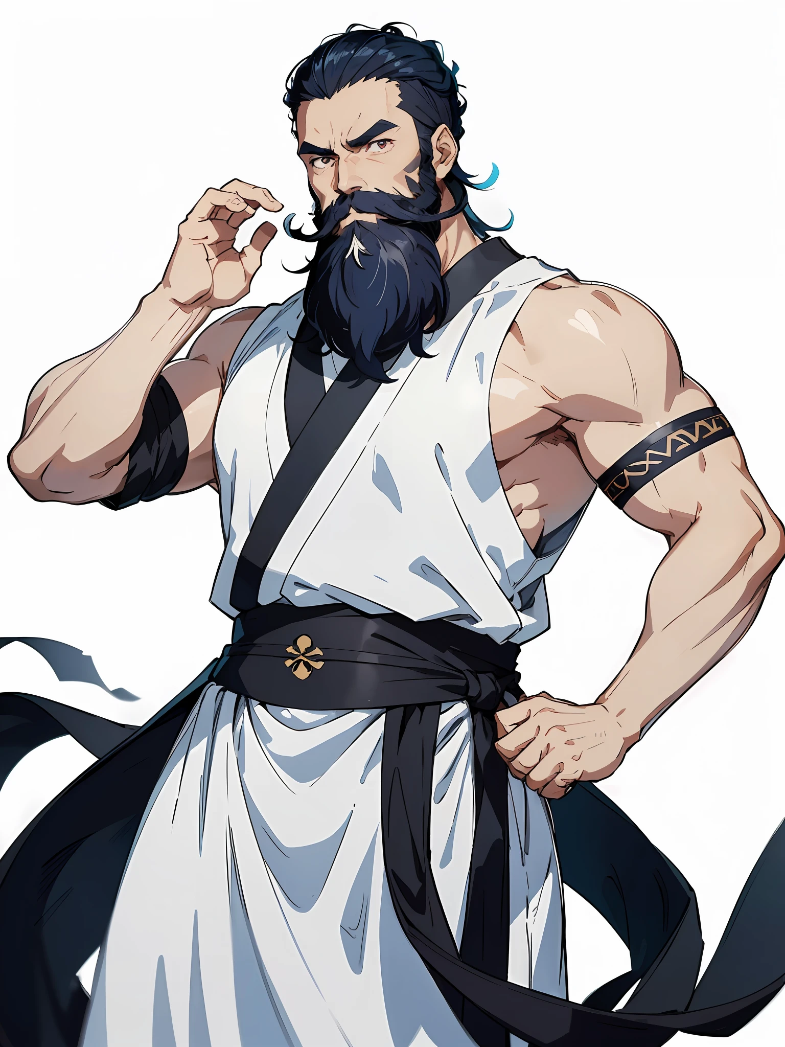 40 years old man in Hanfu, (super muscle), male Hanfu, ((no sleeves)), short hair, (black and blue hair), (((having beard))), God-like, standing, simple pose, (simple color), fullbody, ((simple white background)), 8k, high res