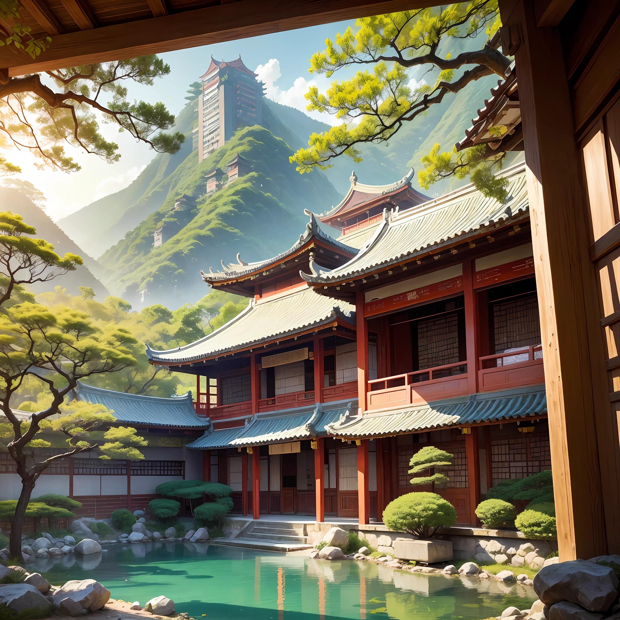 Print, Chinese garden, manga, colorful, frame, ancient china, with old house in Hong Kong and with falling leaves on clear and sunny day with mountains, spring trees, bright rain, water fountain, carp swimming.