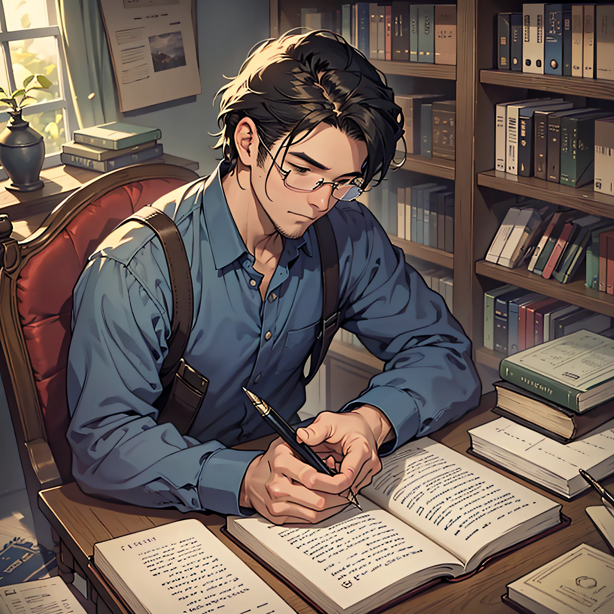 In this quiet and beautiful picture, a handsome man sits at his desk, immersed in his own world. On the desk are a few books and some cute toys, like a meeting point of memory and creation. He holds a pen in his hand and writes softly on the delicate pages of a book, each stroke like a dance, framing the ups and downs of thought. He sat in this study as if it were a quiet station, welcoming the arrival of knowledge. On the bookshelves behind him, a variety of books are neatly displayed, which are his partners in exploring the world, recording his growth and thinking. This image embodies silence and wisdom, as if time flows slowly and warmly here, giving him a peaceful spiritual station. --auto --s2
