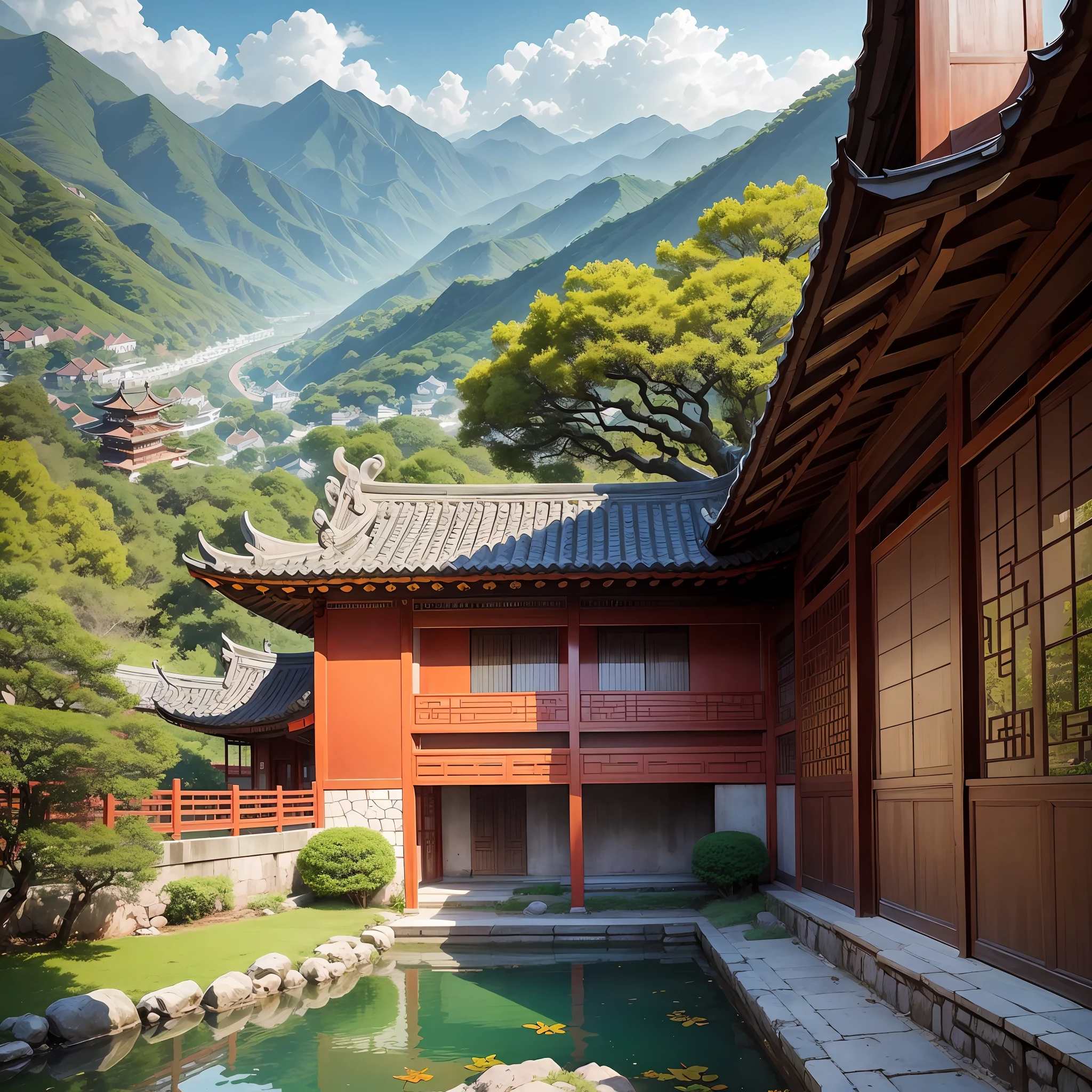 Print, Chinese garden, manga, colorful, frame, ancient china, with old house in Hong Kong and with falling leaves on clear and sunny day with mountains, spring trees, bright rain, water fountain, carp swimming.