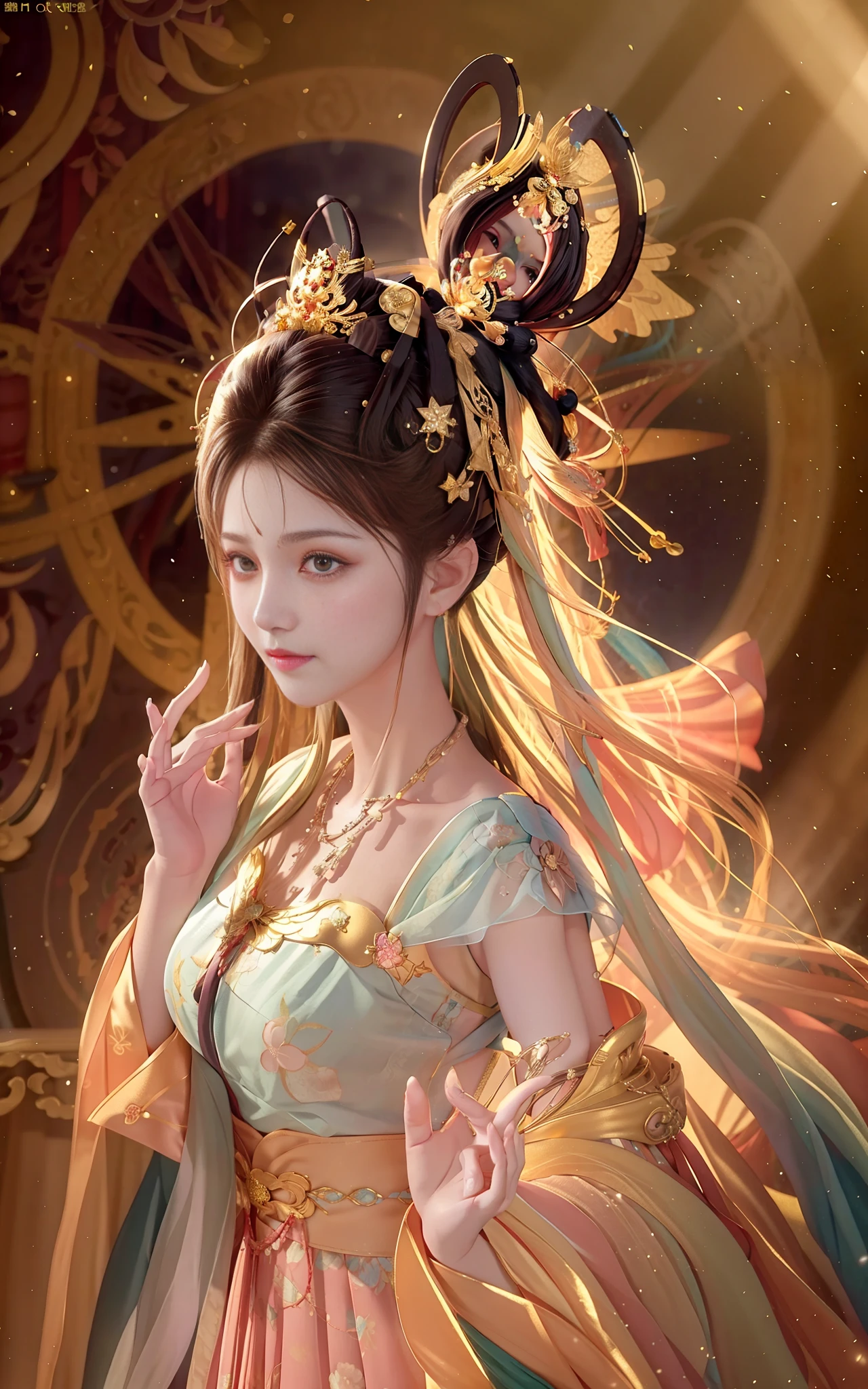 best quality, masterpiece, highres, 1girl,blush,(seductive smile:0.8),star-shaped pupils,china hanfu,hair ornament,necklace, jewelry,Beautiful face,upon_body, tyndall effect,photorealistic, dark studio, rim lighting, two tone lighting,(high detailed skin:1.2), 8k uhd, dslr, soft lighting, high quality, volumetric lighting, candid, Photograph, high resolution, 4k, 8k, Bokeh