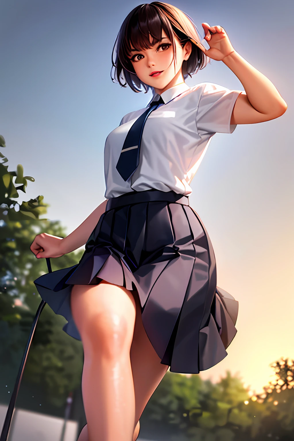 Realistic 1.4, (background is park with swings and slide, sunset), 1 Japan woman, white shirt, navy blue tie, pleated skirt, medium short hair, brown hair