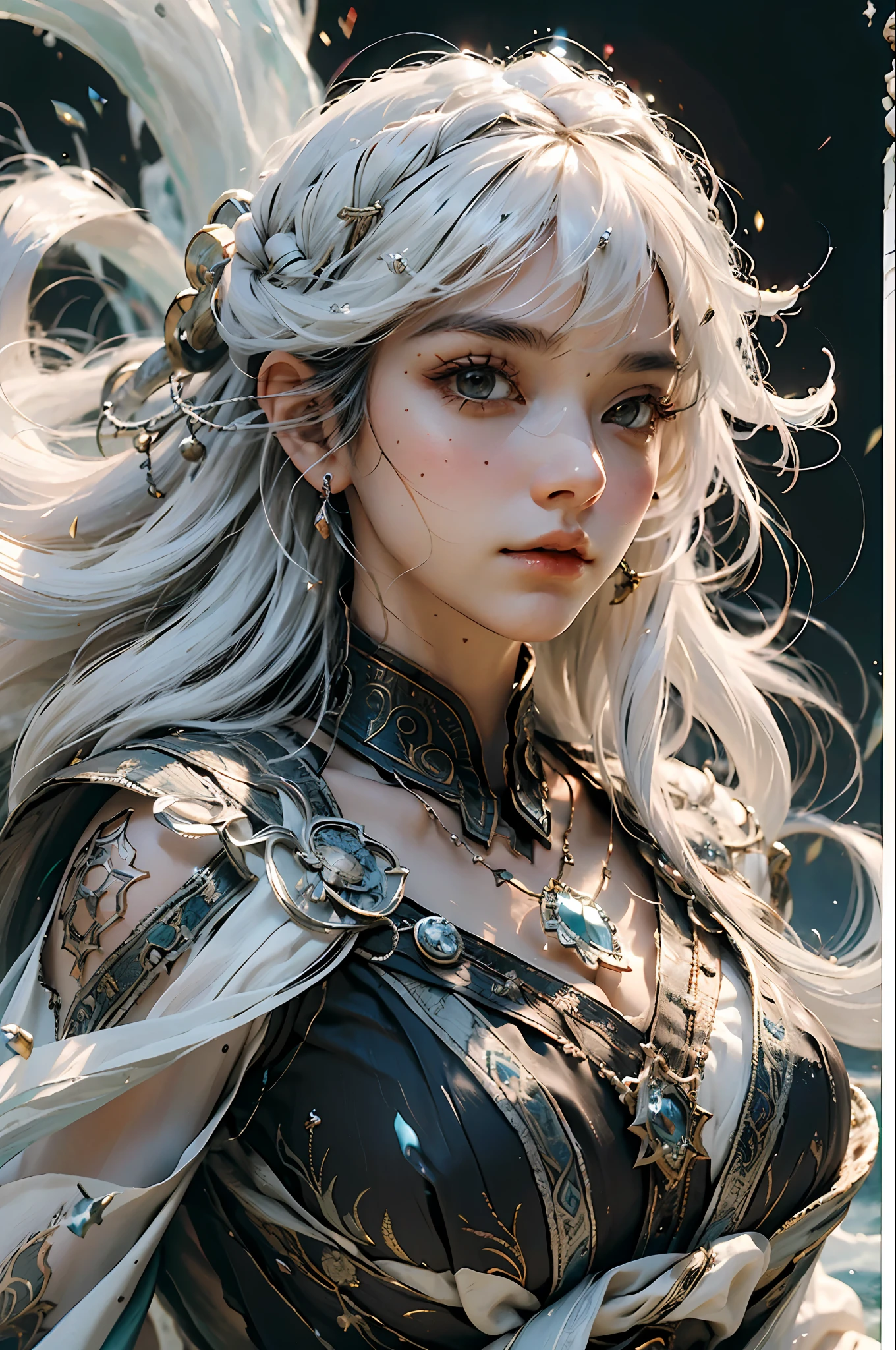 (absurdres, highres, ultra detailed), 1woman, mature female, aged up, wavy long hair, white hair, black eyes, bangs, long sleeves, finely detailed eyes and detailed face, extremely detailed CG unity 8k wallpaper, intricate details, looking down, solo, half shot, detailed face, stoic expression, dynamic pose, flowing hair, classical era, (ancient roman theme:1.1), roman mythology, Roman empire, Capua, ancient vineyard, oracle, cape, iron accessories, ancient theme, (flourishing civilization:1.1), pristine white marble, (intact:1.1) marble buildings, hills in background, brazier, burning embers, night, darkness, stars, aura of light, majestic atmosphere, floating stone particles,, portrait, wind swirling