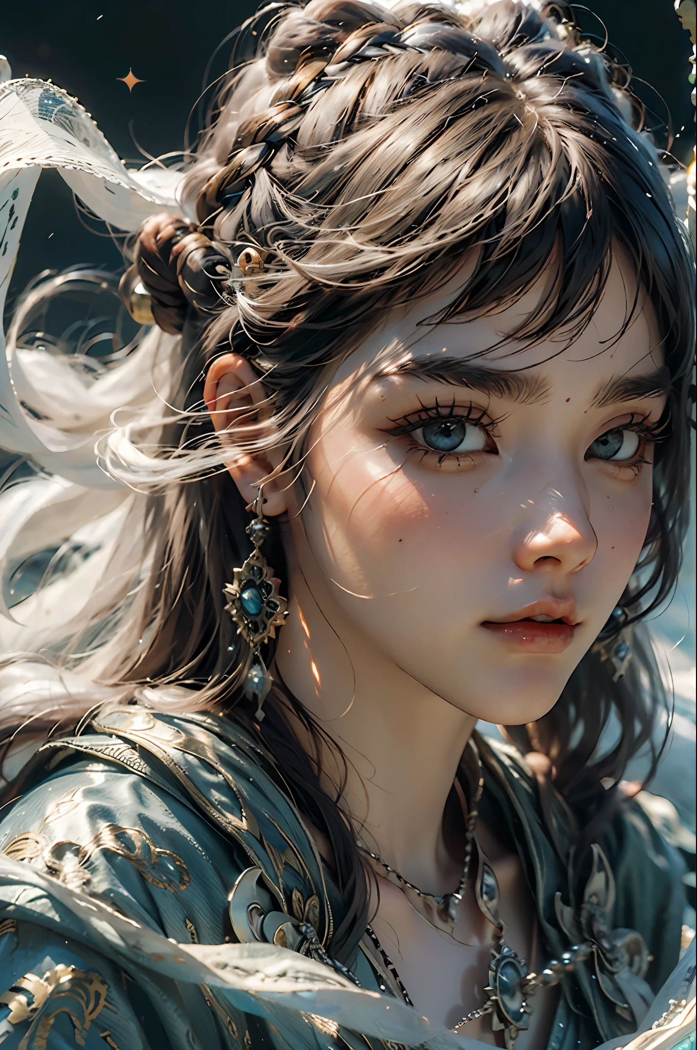 (absurdres, highres, ultra detailed), 1woman, mature female, aged up, wavy long hair, white hair, black eyes, bangs, long sleeves, finely detailed eyes and detailed face, extremely detailed CG unity 8k wallpaper, intricate details,  looking down, solo, half shot, detailed face, stoic expression, dynamic pose, flowing hair, classical era, (ancient roman theme:1.1), roman mythology,  Roman empire,  Capua, ancient vineyard, oracle,  cape,  iron accessories, ancient theme, (flourishing civilization:1.1), pristine white marble, (intact:1.1) marble buildings,  hills in background, brazier, burning embers, night, darkness, stars, aura of light, majestic atmosphere, floating stone particles,, portrait, wind swirling