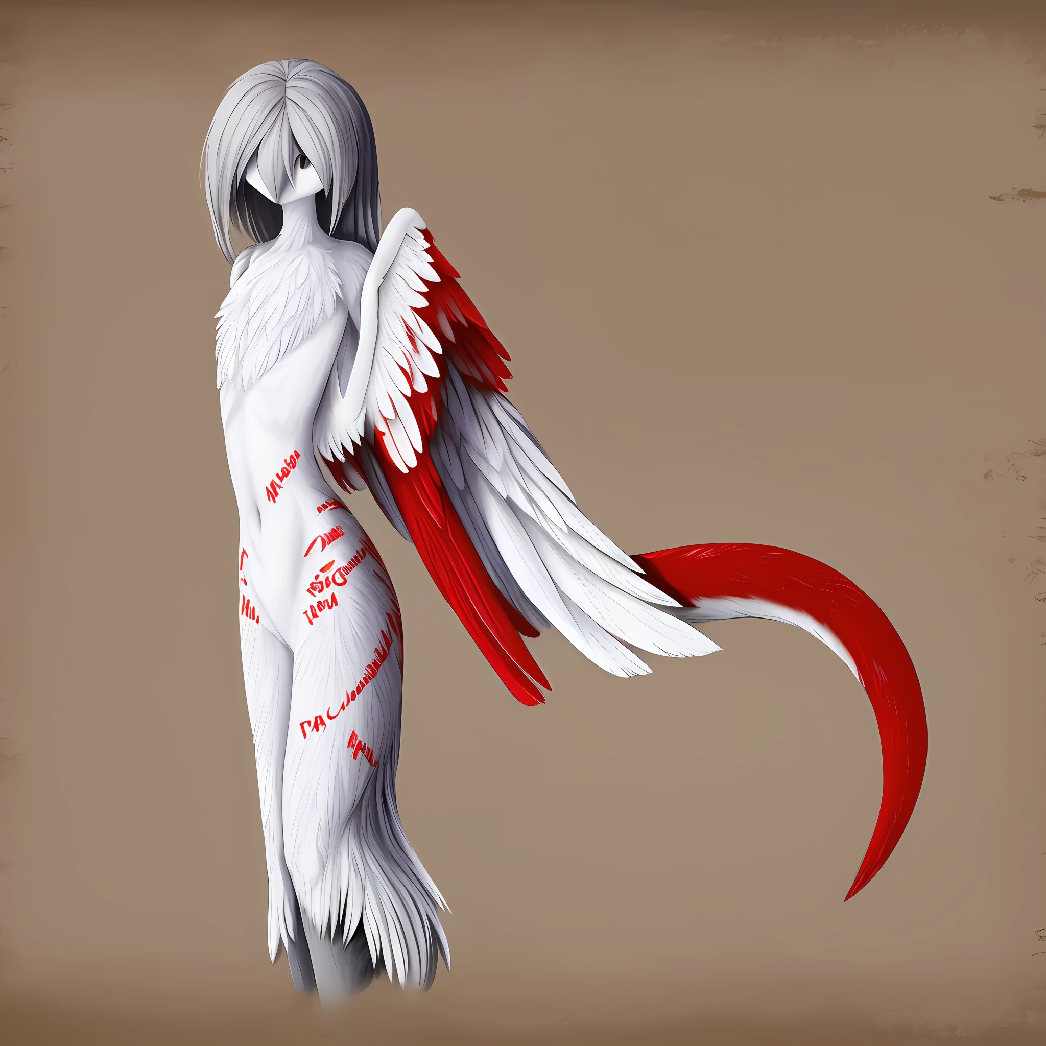 It has no facial features, gray hair, red writing on the body, a slender tail, and white feathers at the tip of the tail