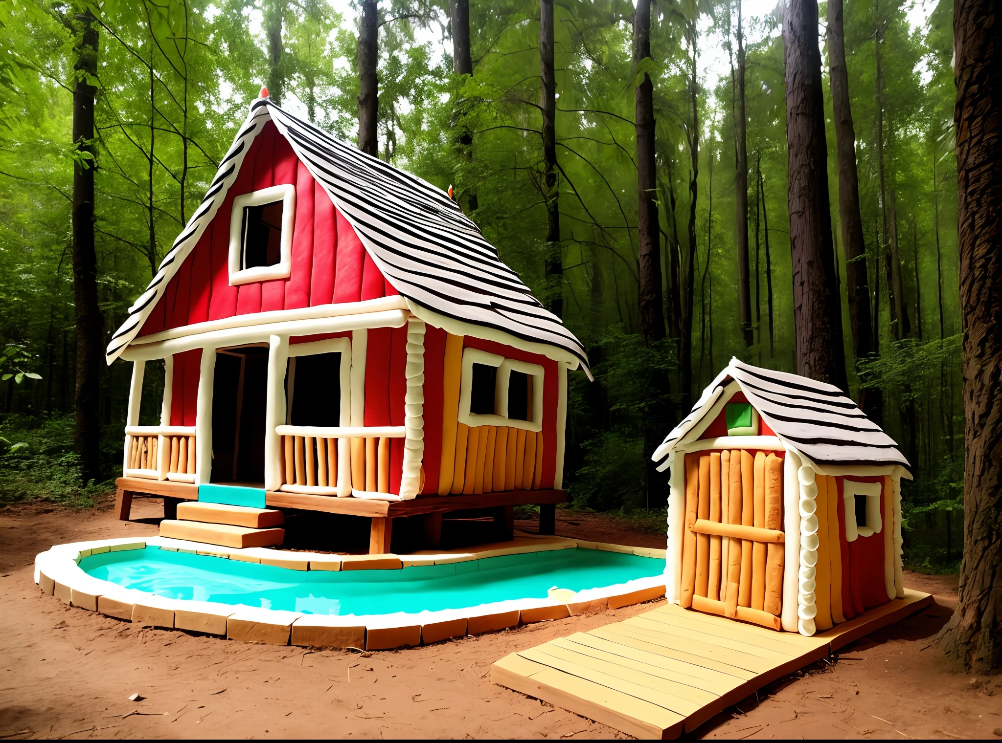 Casita made with cakes. In a forest