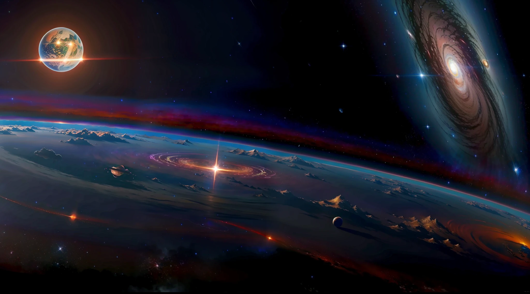 ((REAL))), ((MASTER))), ((BEST QUALITY)), ULTRA-DETAILED CG Unity 8k wallpapers, incredibly detailed and beautiful illustrations, floating, high resolution, dynamic, dark black background, stellar space, big white shining stars, colorful planets in the cosmic maelstrom