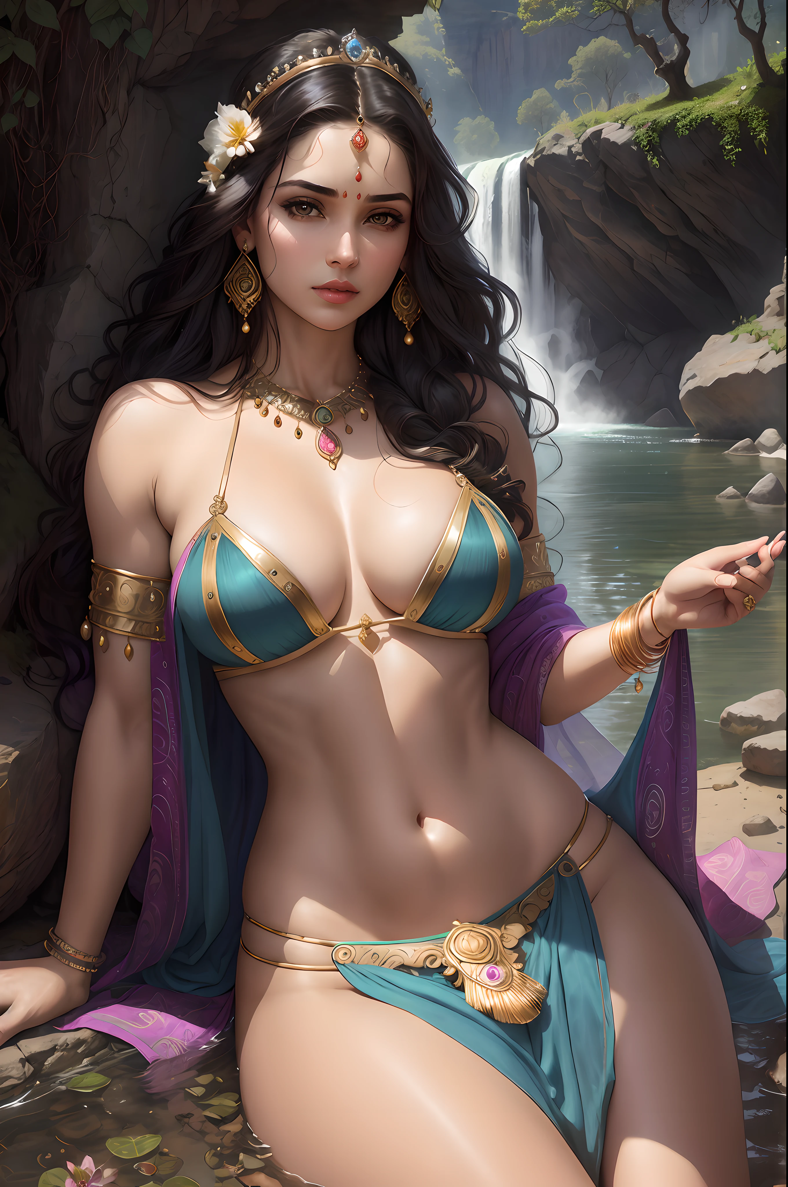 ((realistic:1.5)),((best quality)), ((masterpiece)),((detailed)), (1girl), {a beautiful female wearing a Sari}, (upper body:1.3),super-wide-angle lens,face focus, mature,sexy,toned muscles,long legs,curvy, barefoot, oversized firm breasts, open cleavage, drooping breasts, thick thighs,wide hips, thin legs, green eyes,long black hair,floting hair,long eyelashes, (detailed face,beautiful eye, detailed pupilss,detailed clothes features, clear background:1.3), (Bindi,Jhumkas:1.3), (Armlet, Haar, Payal,Maang Tikka,Jhumkas,Kamarband,Bangles:1.3), mysterious ancient ruin, lush forests, deep canyons,bridge,river,cliff,cloud, lakes,rock,waterfalls, flowers, grass, fog,vine,tree, smoke, best shadow,bright details,sharp,perfect composistion, Intricate, Sharp focus, dramatic, by Frank Frazetta,by Julie Bell,by Olivia De Berardinis,by Luis Royo,by boris vallejo, (specular lighting:1.3),rim light, princesses, playing, princesses playing with water, river bank, royal skimpy underwear, random royal color, laying on the floor, spooning her friend, hand on underwear, thirsty face, erotic face, lips open, almost undressed, underwear slid down, attended by servants, armed bodyguard, servant, gasping, breathing hard, fist clenched, visible slit, queen and slave