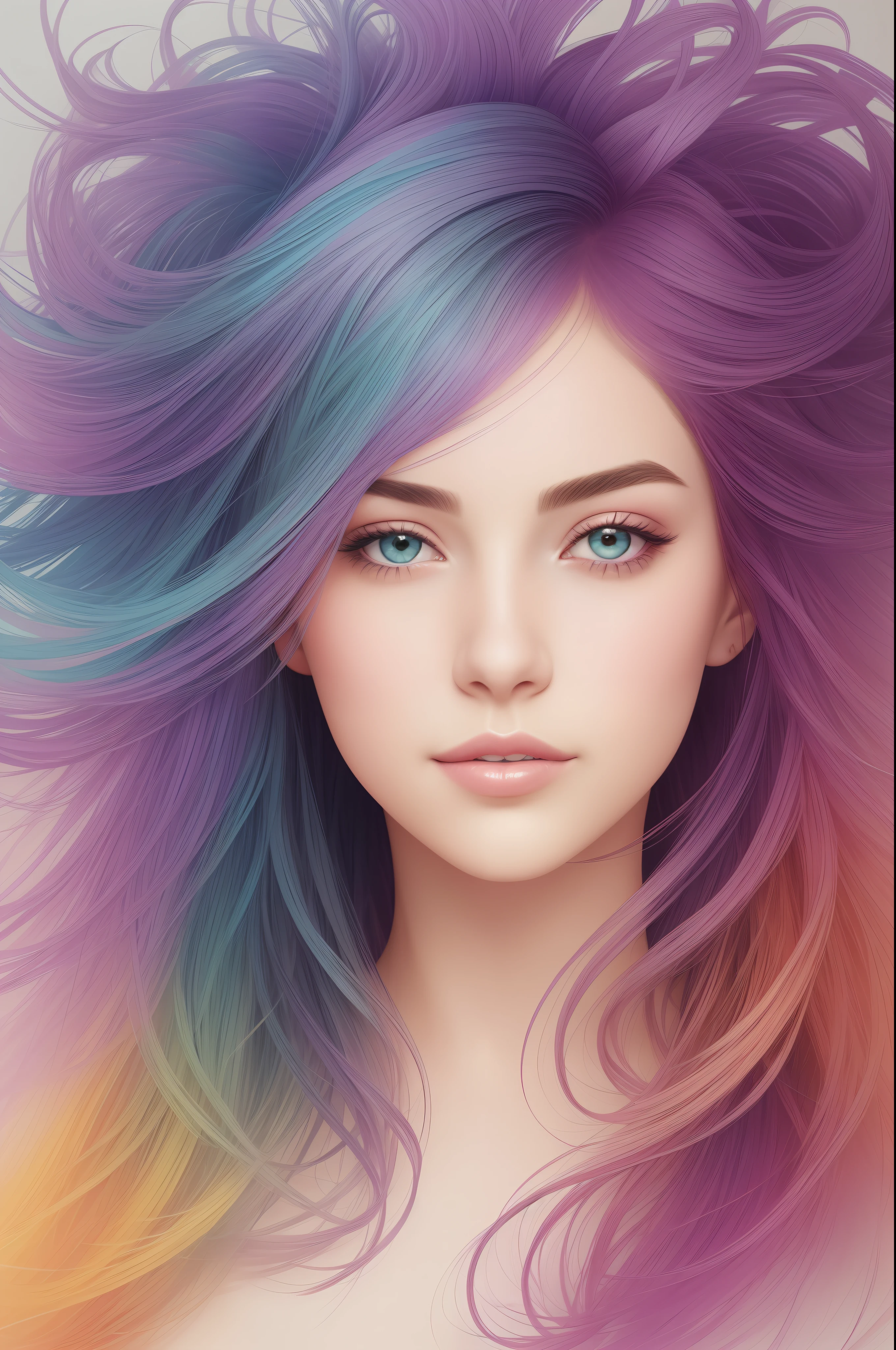 Beautiful powerful and confident woman, colorful: portrayed with strong and expressive features, conveying determination and self-confidence, messy hair, the illustration highlights her facial details, such as expressive eyes and slightly curved lips in a confident smile. She is wearing modern and stylish clothes, reflecting her unique style. oil painting, perfect face with soft skin and perfect face, blue yellow colors, light purple and violet additions, light red additions, intricate details, home screen, 8k resolution, masterpiece, beautiful face, artstation soft digital painting black ink flow: 8k resolution photorealistic masterpiece: intricately detailed fluid gouache painting: by Jean Baptiste Mongue: Calligraphy: Acrylic: Watercolor art, professional photography, natural lighting, volumetric lighting Maximalist photoillustration: by Marton Bobzert: , complex, elegant, expansive, fantastic, wavy hair, vibrant