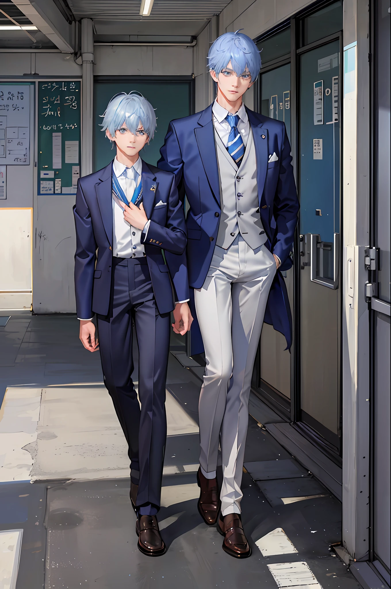 1boy, [detailed background (classroom, school, korean school, Seoul], blue hair, pastel blue hair, short blue hair with longer fringe on left side of the face, lean and muscular male, alpha male, masculine male, tall male, ager ((man wears an white korean school uniform, gray trousers)), correct limbs, correct anatomy, handsome, Eye details, beautiful eyes, delicate eyes, blue eyes, avoid different eyes, broad chest, broad shoulders, tiny waist, long legs, serious face
