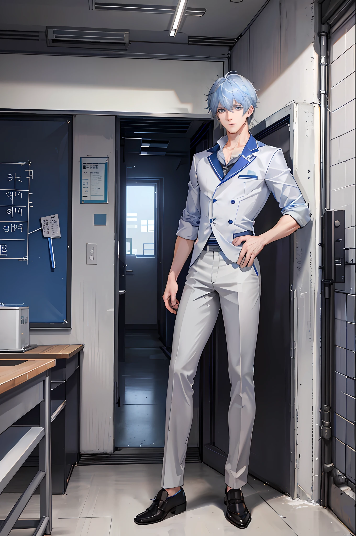 1boy, [detailed background (classroom, school, korean school, Seoul], blue hair, pastel blue hair, short blue hair with longer fringe on left side of the face, lean and muscular male, alpha male, masculine male, tall male, ager ((man wears an white korean school uniform, gray trousers)), correct limbs, correct anatomy, handsome, Eye details, beautiful eyes, delicate eyes, blue eyes, avoid different eyes, broad chest, broad shoulders, tiny waist, long legs, serious face
