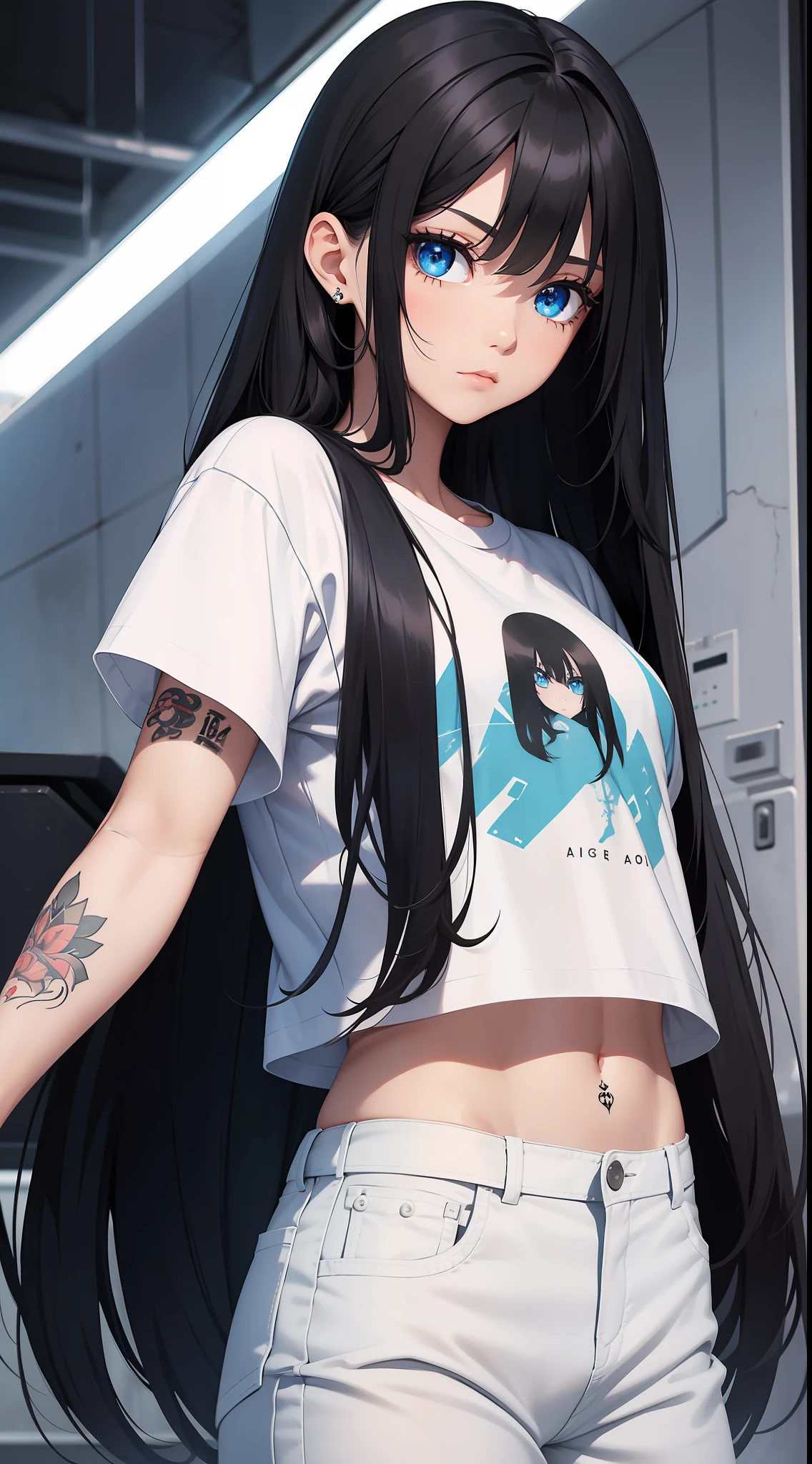 Young girl, long black hair, blue eyes, tattoo on face, white T-shirt, pants, masterpiece, high quality