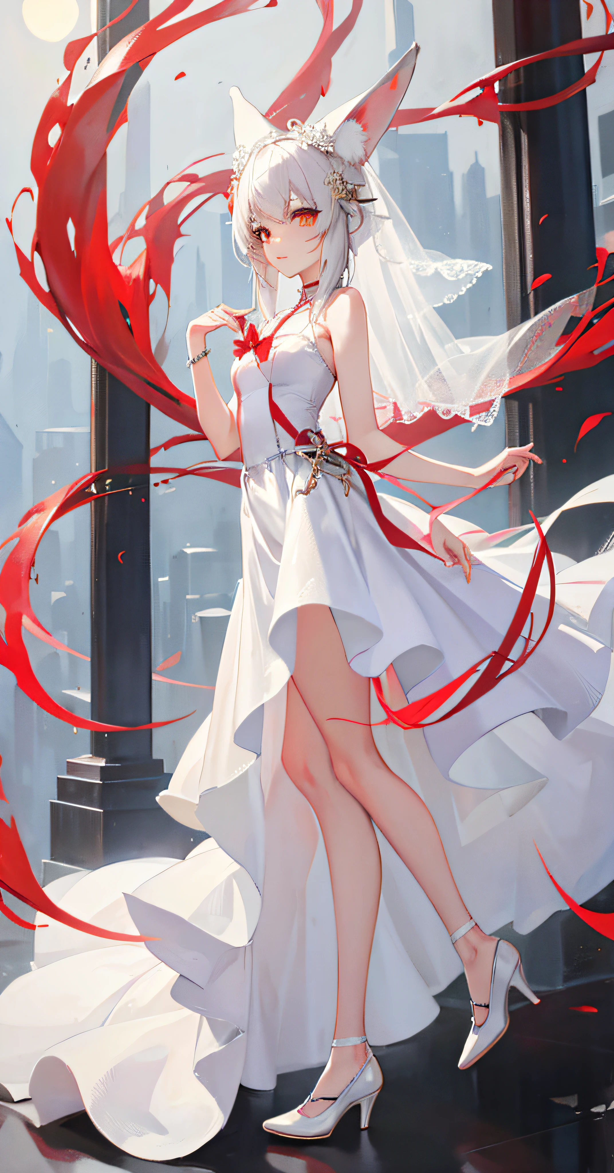 Nine-tailed fox, a fox, slender legs, small white shoes, wedding dress