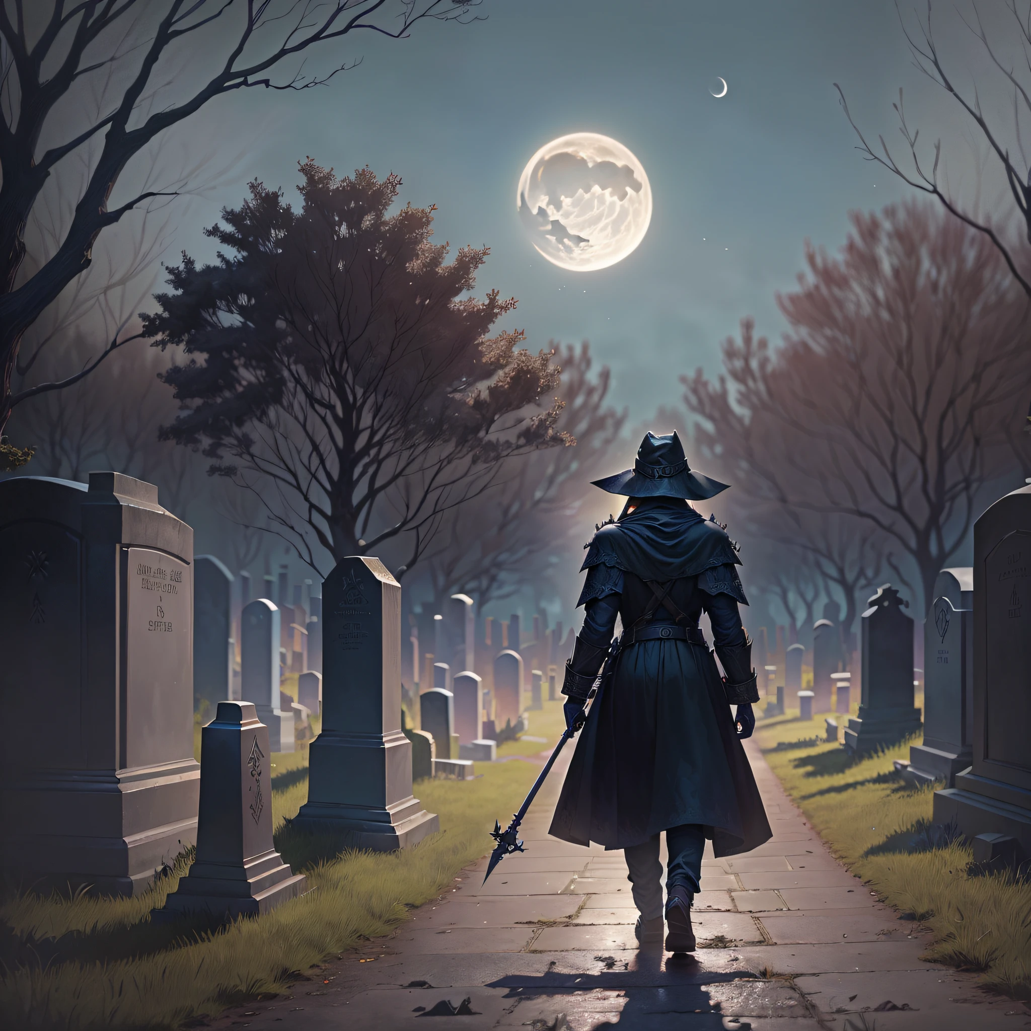 there is a man walking down a path in a cemetery, from the black mage cemetery!!!, in a graveyard, an ominous fantasy illustration, dark graveyard scene, in the middle of a graveyard, background artwork, graveyard landscape at night, fantasy rpg book illustration, graveyard, dark fantasy style art, epic rpg artwork, goddess of death in a graveyard, graveyard background