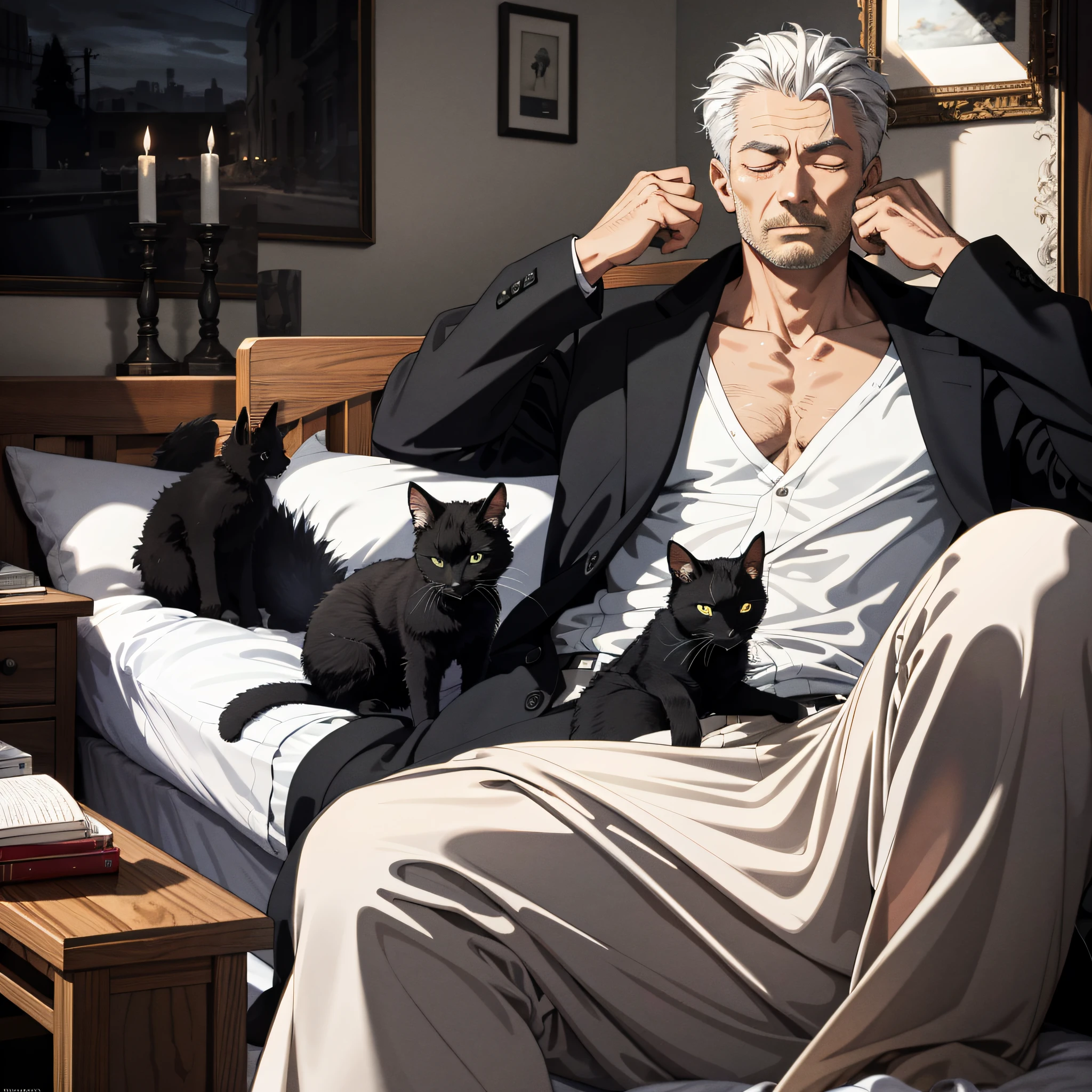 Absurd resolution, high resolution, (masterpiece: 1.4), hyper-detailed, black dressing gown sturdy middle-aged man, bed, sleeping in bed, holding cat, eyes closed
