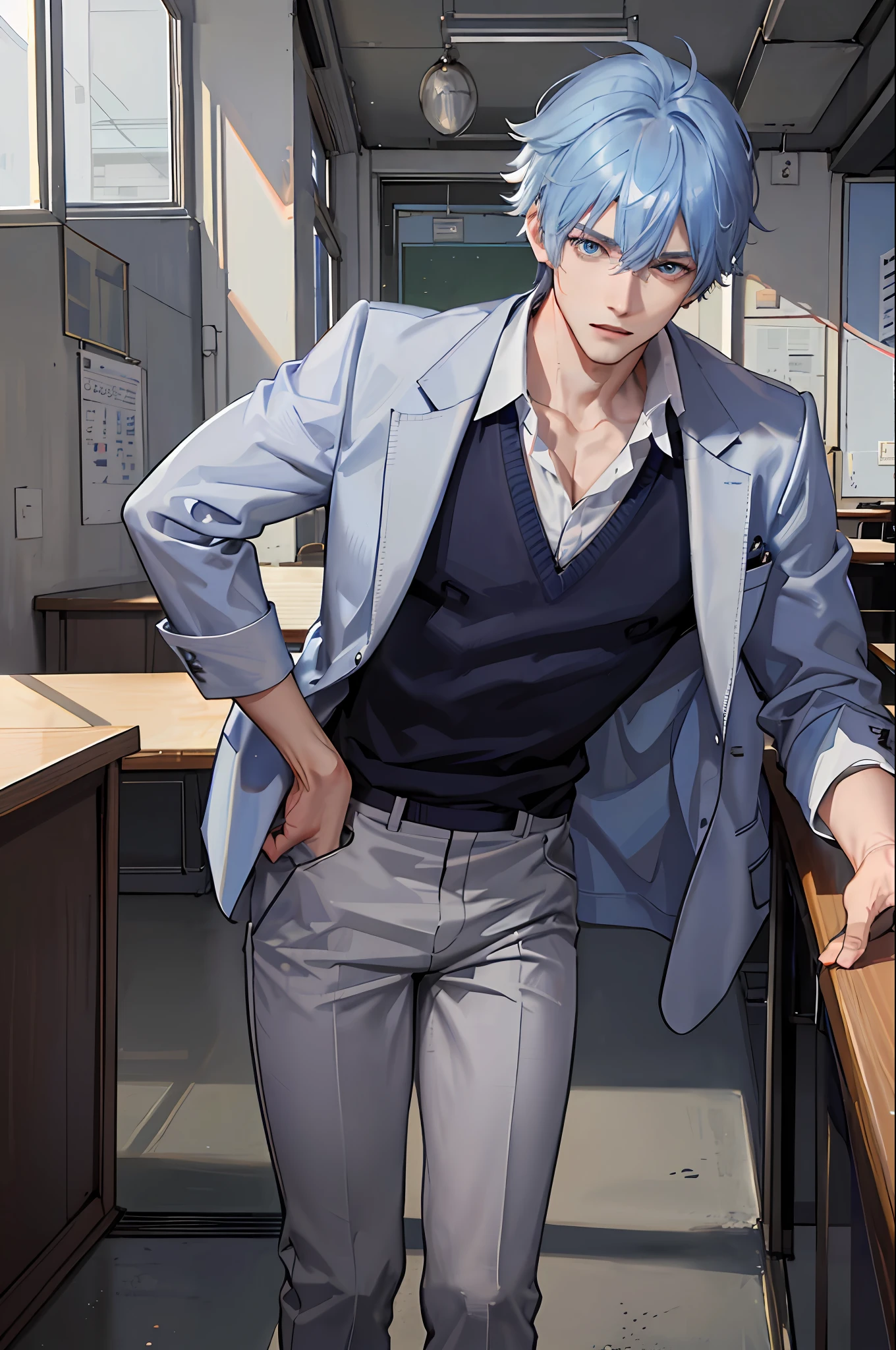 1boy, [detailed background (classroom, school, korean school, Seoul], blue hair, pastel blue hair, short blue hair with longer fringe on left side of the face, lean and muscular male, alpha male, masculine male, tall male, teenager ((man wears an white korean school uniform, gray trousers)), correct limbs, correct ???????, handsome, Eye details, beautiful eyes, delicate eyes, blue eyes, avoid different eyes, broad chest, broad shoulders, tiny waist, long legs, serious face