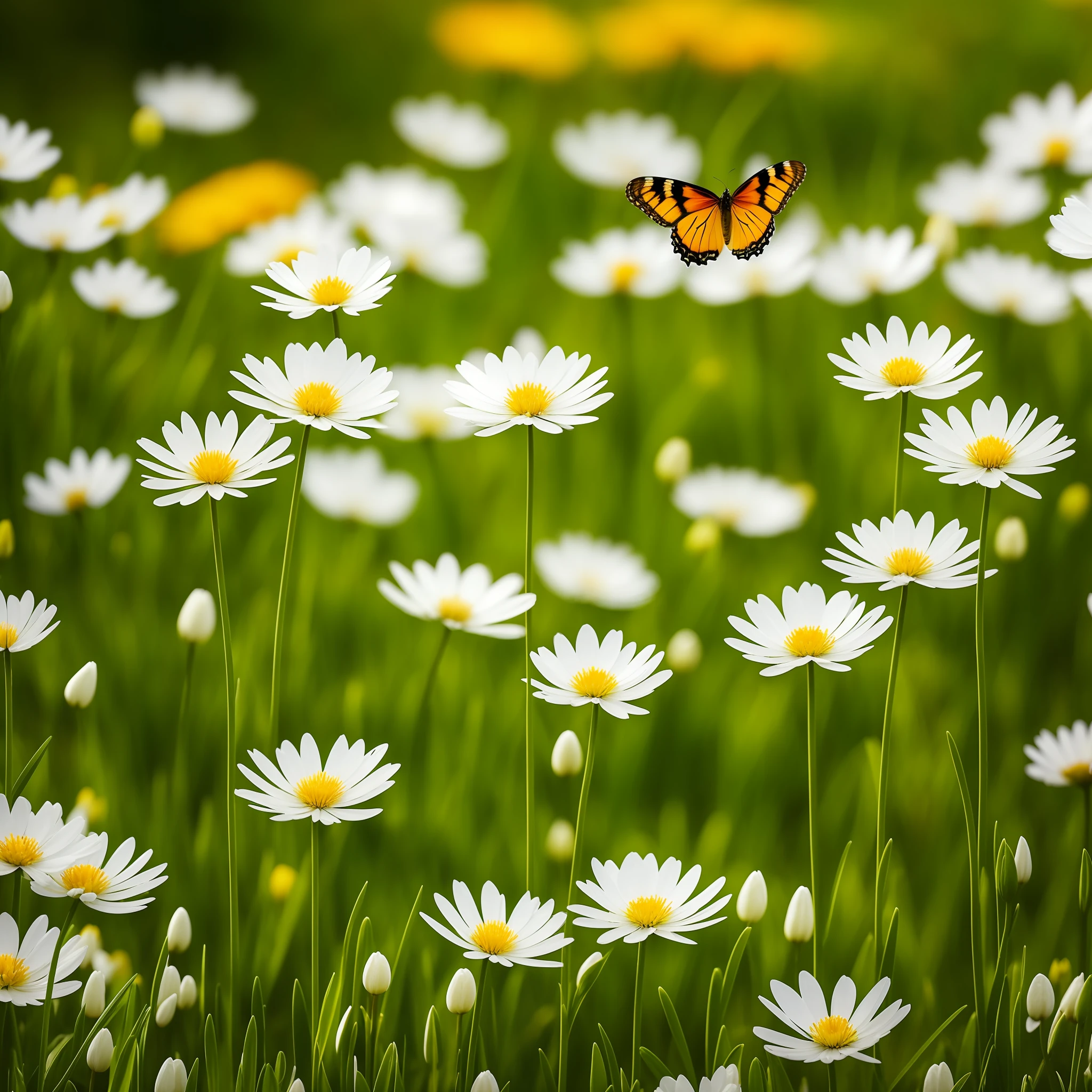 beautiful image of spring with the letters: "Sunday relaxed for all", Harzer Heide meadow, flowers, butterflies White, hyperrealistic, 4k, dynamic nature