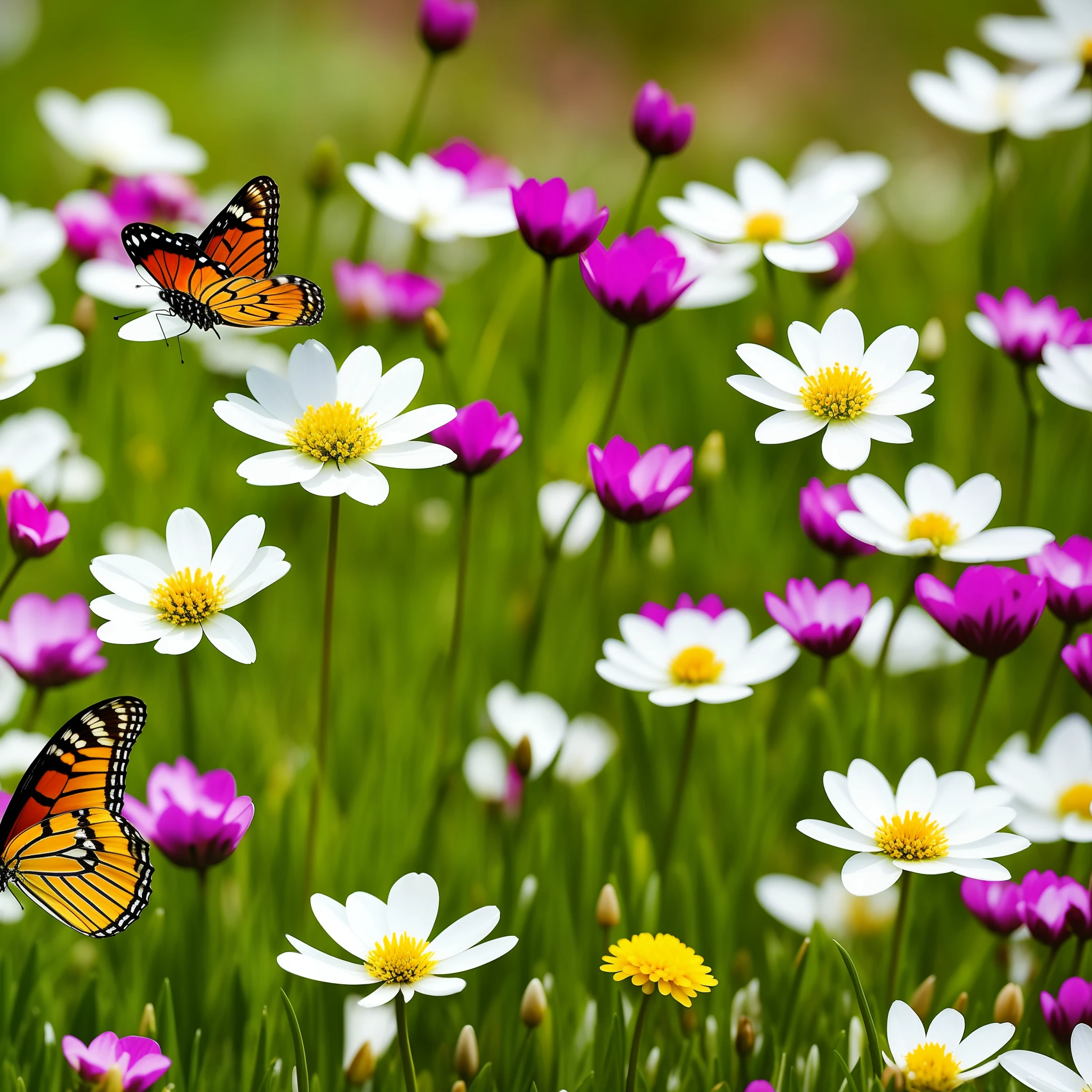 beautiful image of spring with the letters: "Sunday relaxed for all", Harzer Heide meadow, flowers, butterflies White, hyperrealistic, 4k, dynamic nature