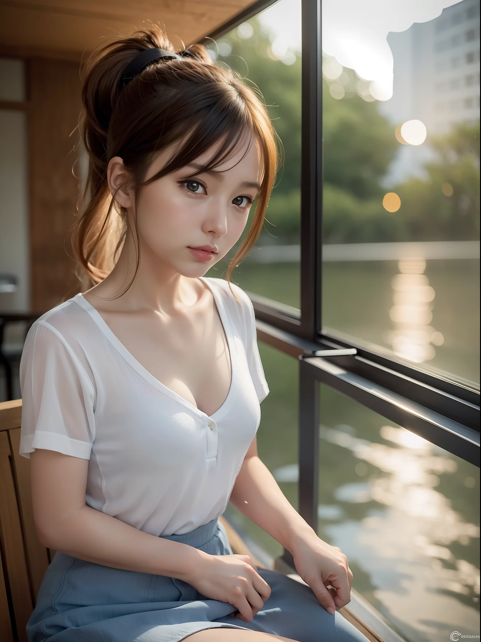 ((Best quality, 8k, Masterpiece: 1.3, raw photo)), Sharp focus: 1.2, (1 AESPA girl: 1.1), (realistic, photo-realistic:1.37), face focus, cute face, small breasts, flat chest, brunette short messy hair, or ponytail, sitting, wet white clothes, camisole, skirt, cafe, rain, sunlight, cinematic lighting