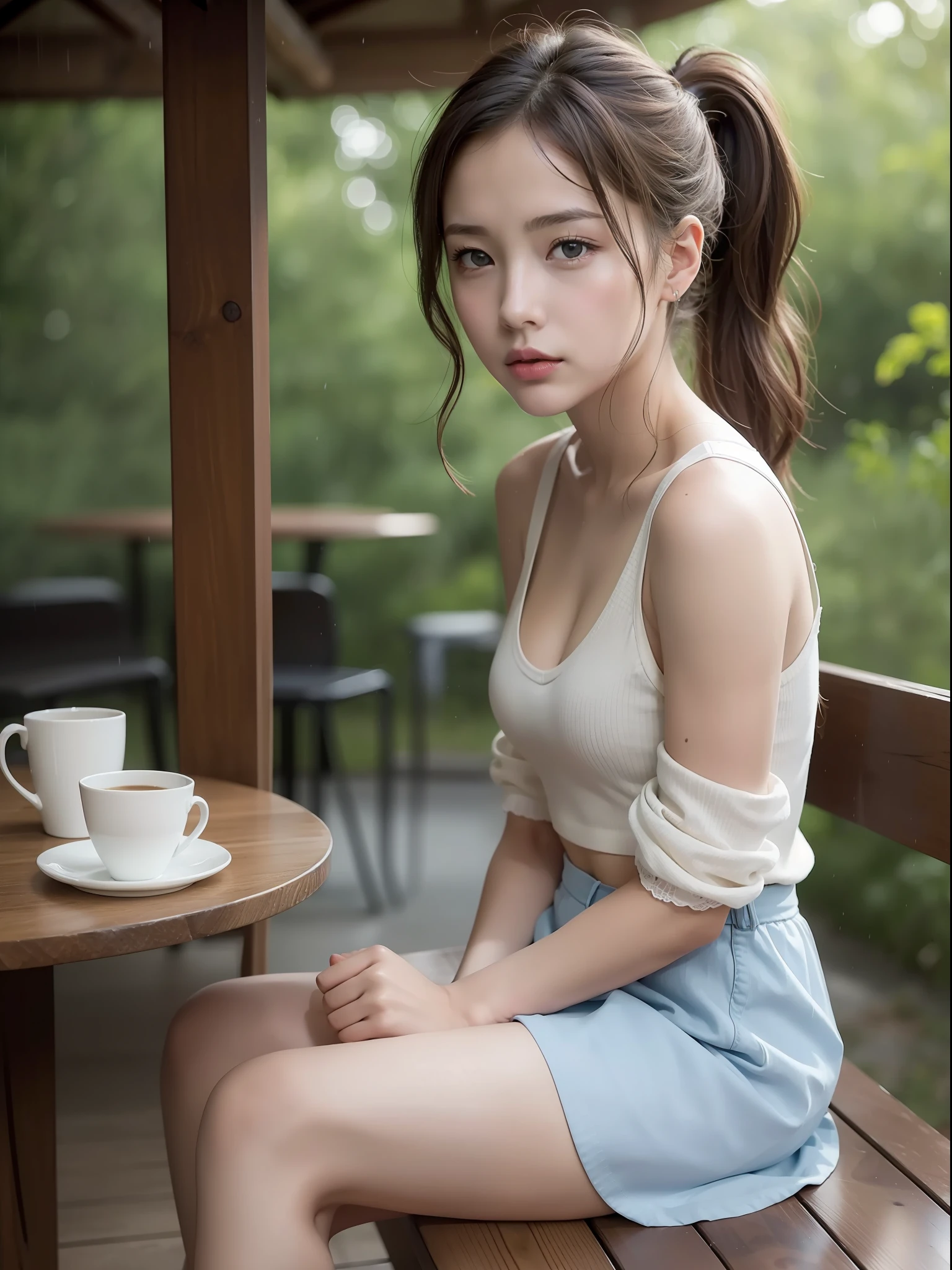 ((Best quality, 8k, Masterpiece: 1.3, raw photo)), Sharp focus: 1.2, (1 AESPA girl: 1.1), (realistic, photo-realistic:1.37), face focus, cute face, small breasts, flat chest, brunette short messy hair, or ponytail, sitting, wet white clothes, camisole, skirt, cafe, rain, sunlight, cinematic lighting