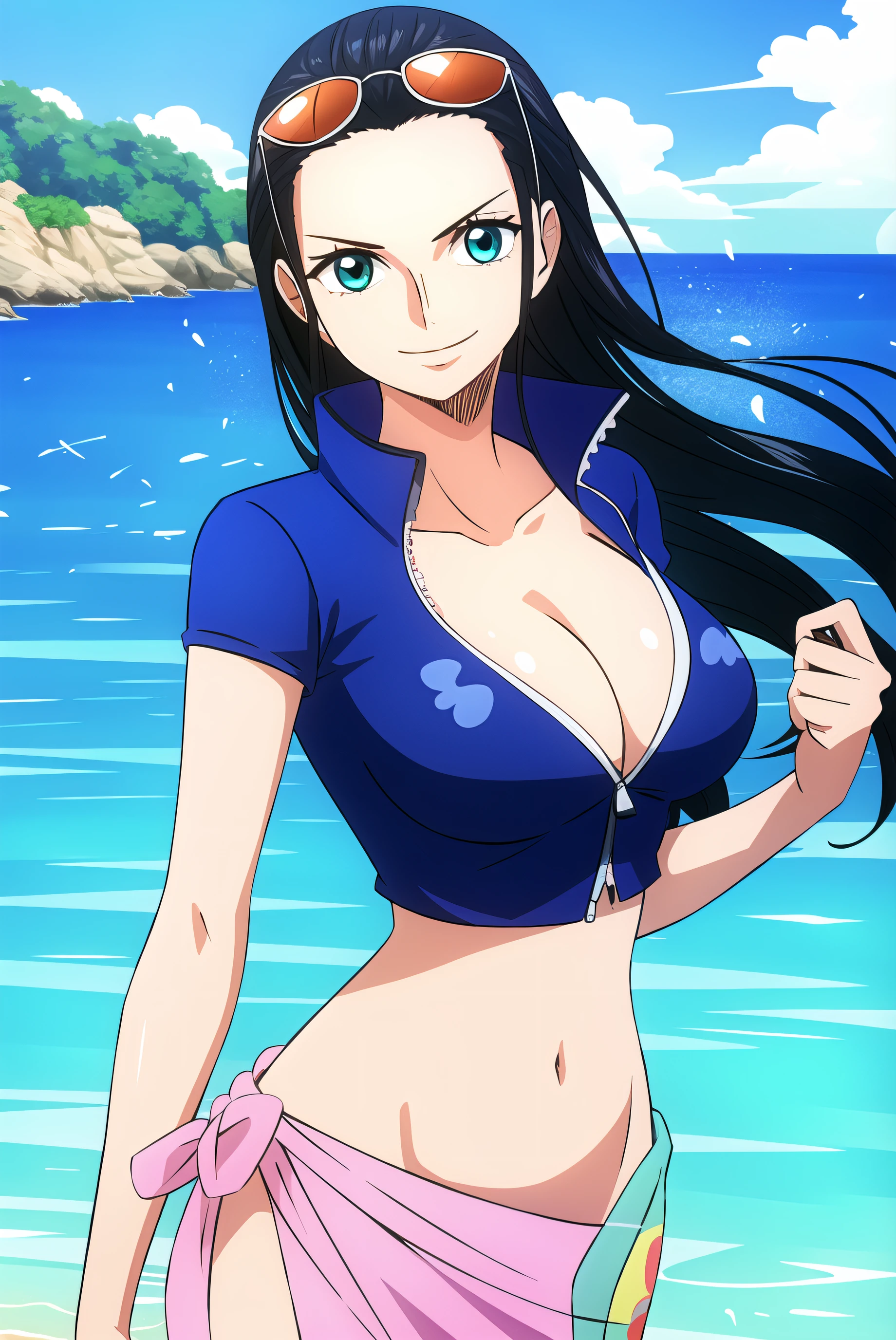 nico robin, wanostyle, 1girl, aqua eyes, black hair, breasts, cleavage, closed mouth, collared jacket, cowboy shot, crop top, cropped jacket, eyewear on head, hair slicked back, hand up, high collar, jacket, large breasts, long hair, looking at viewer, midriff, navel, plunging neckline, pose, sarong, short sleeves, smile, solo, standing, stomach, sunglasses, very long hair, flower drawing on jacket, outdoors, sea, ((masterpiece))