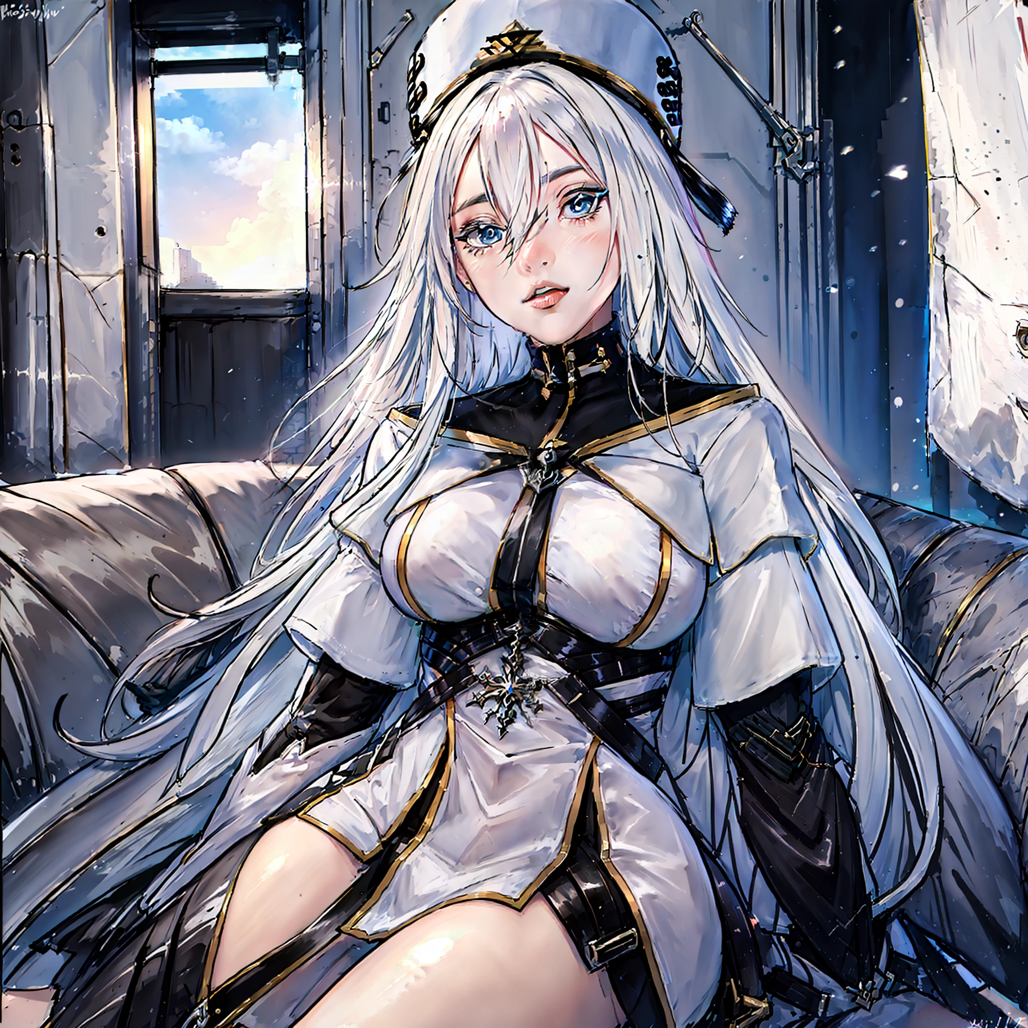 cinematiclighting, 1girl, ((masterpiece)),hdr, best quality, ultra-detailed, extremely detailed, high res, perfect face, highre, beatiful background, (depth of field), ray tracing, standing, Sovetsky_Soyuz, sovetsky soyuz \(azur lane\), hat, sitting