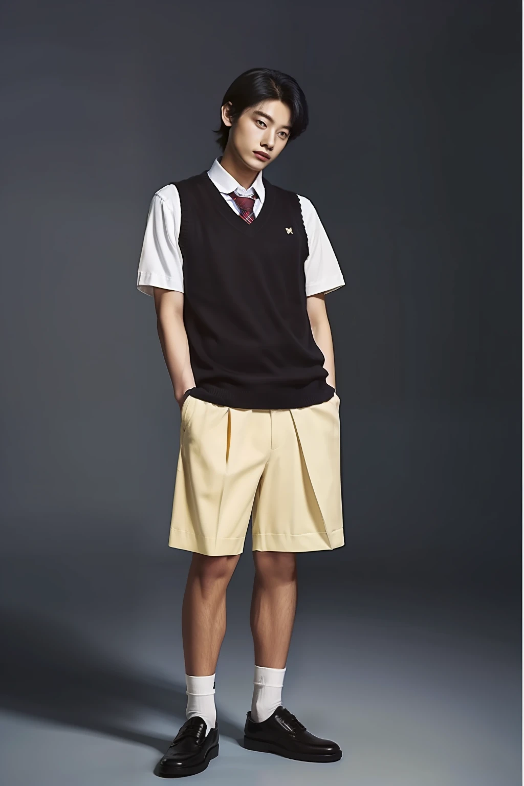 masterpiece, best quality, 1boy, solo, collared shirt, white shirt, sweater vest, tie, short sleeves, half body, looking at viewer